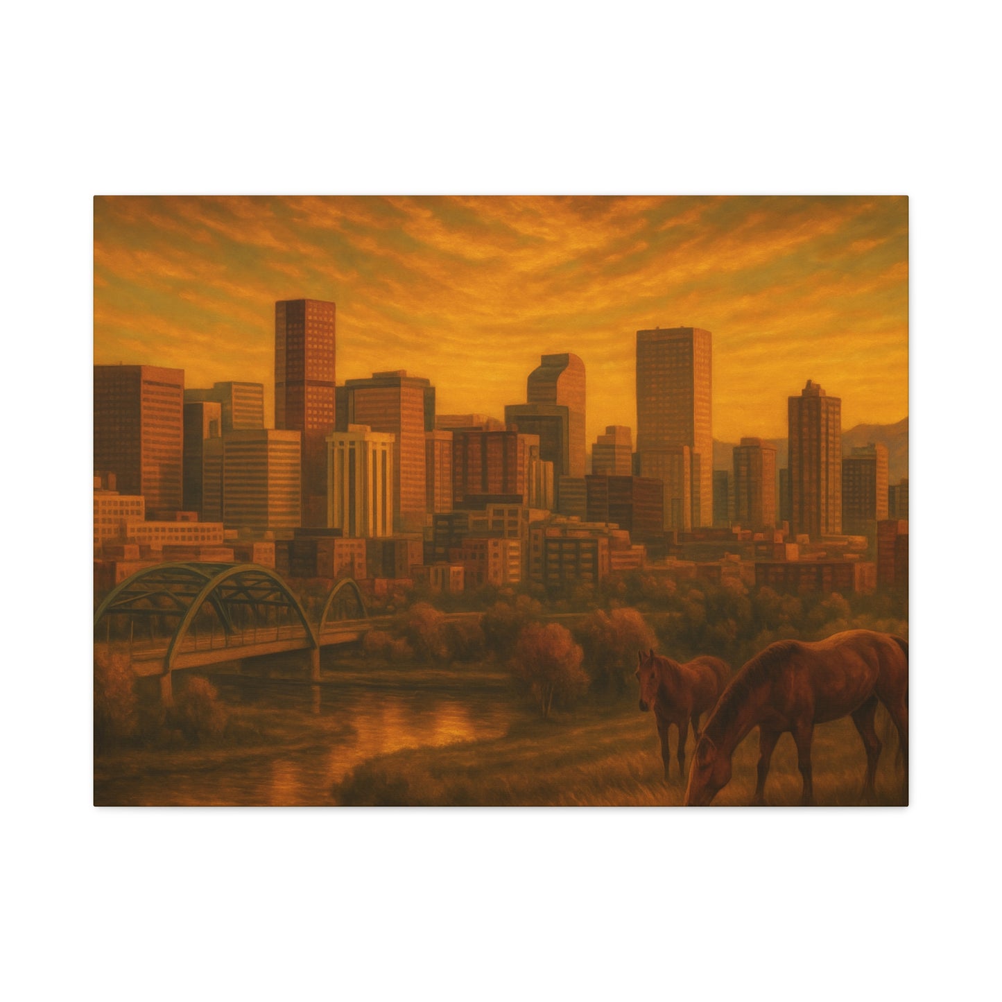 Stretched Canvas Wall Art, Urban Sunset Landscape Print, Horse and City Scene, Home Décor, Gift Idea for Art Lovers