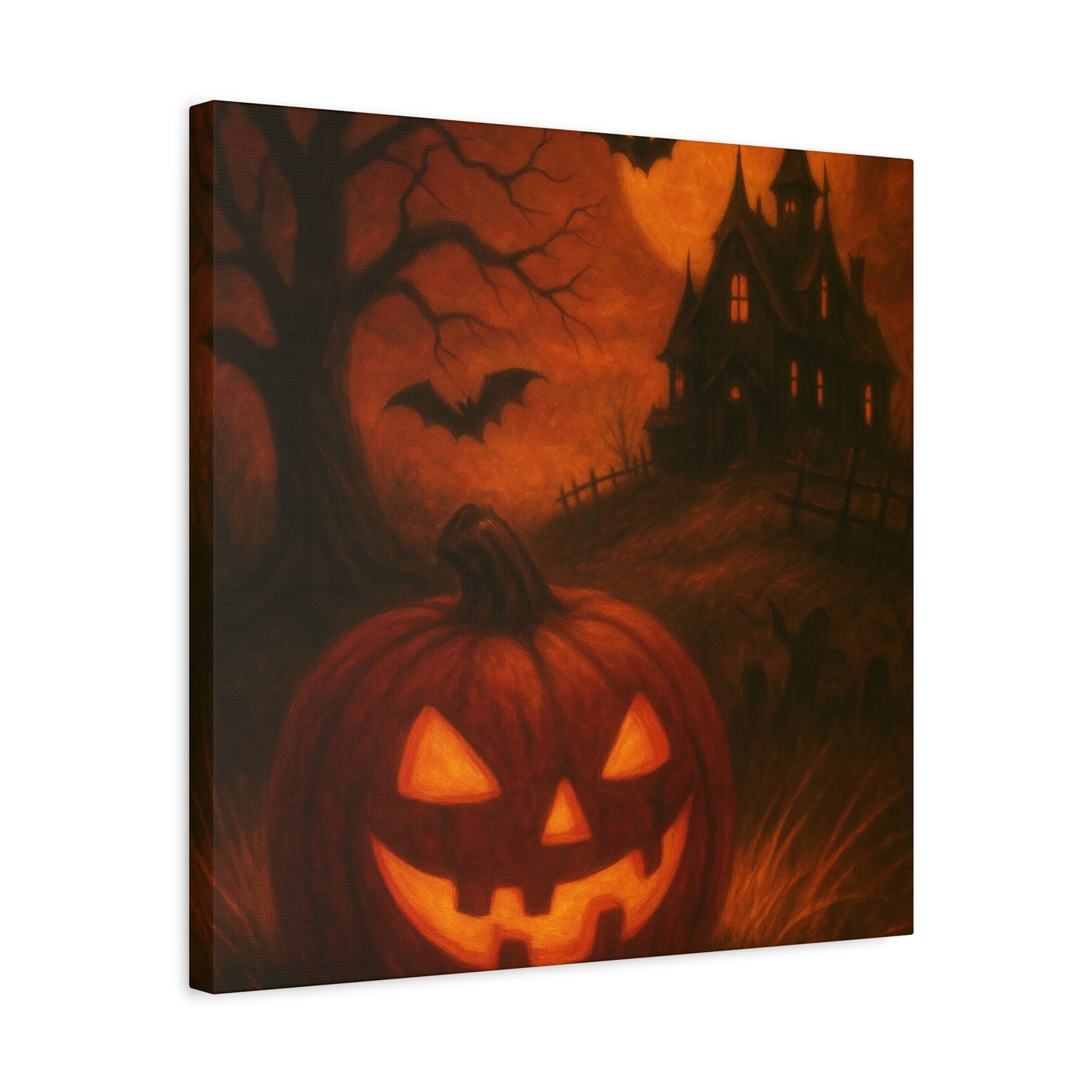 Halloween Themed Canvas Art, Spooky Wall Decor, Pumpkin Artwork, Haunted House Print, Fall Home Decoration