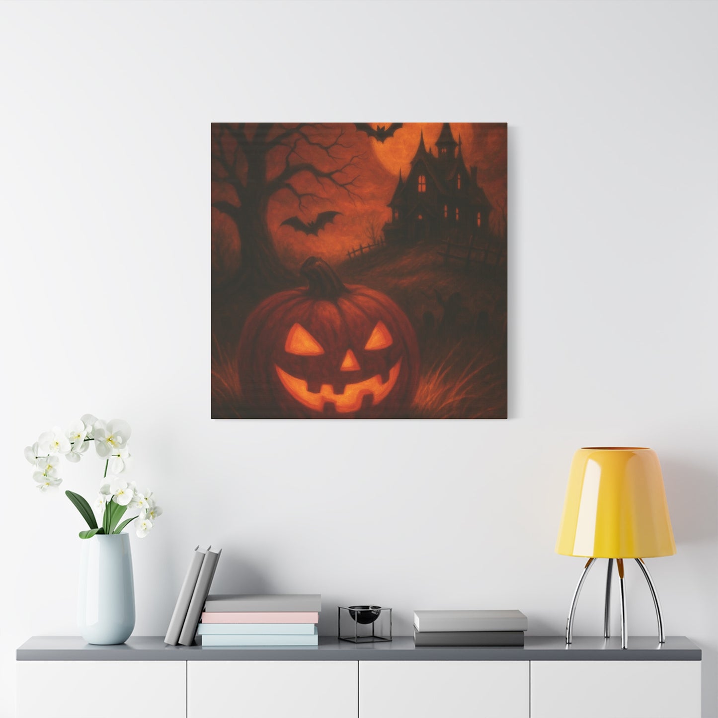 Halloween Themed Canvas Art, Spooky Wall Decor, Pumpkin Artwork, Haunted House Print, Fall Home Decoration