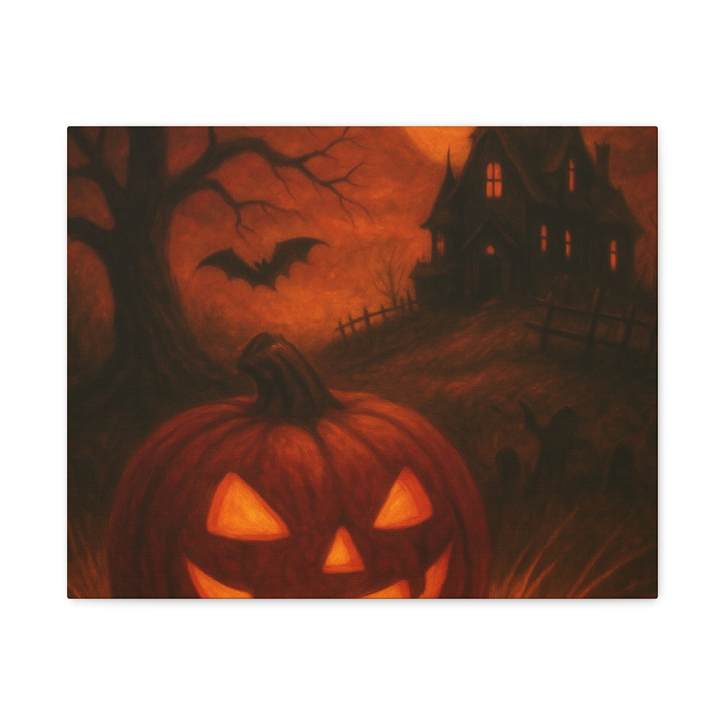 Halloween Themed Canvas Art, Spooky Wall Decor, Pumpkin Artwork, Haunted House Print, Fall Home Decoration