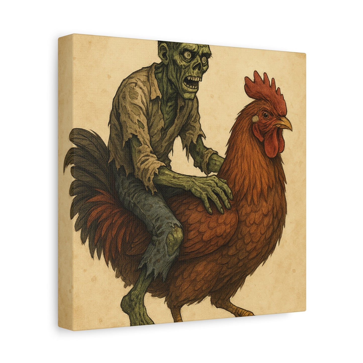 Zombie Chicken Ride Matte Canvas Art, Whimsical Wall Decor, Funny Gift for Halloween, Unique Home Decor, Quirky Art Print
