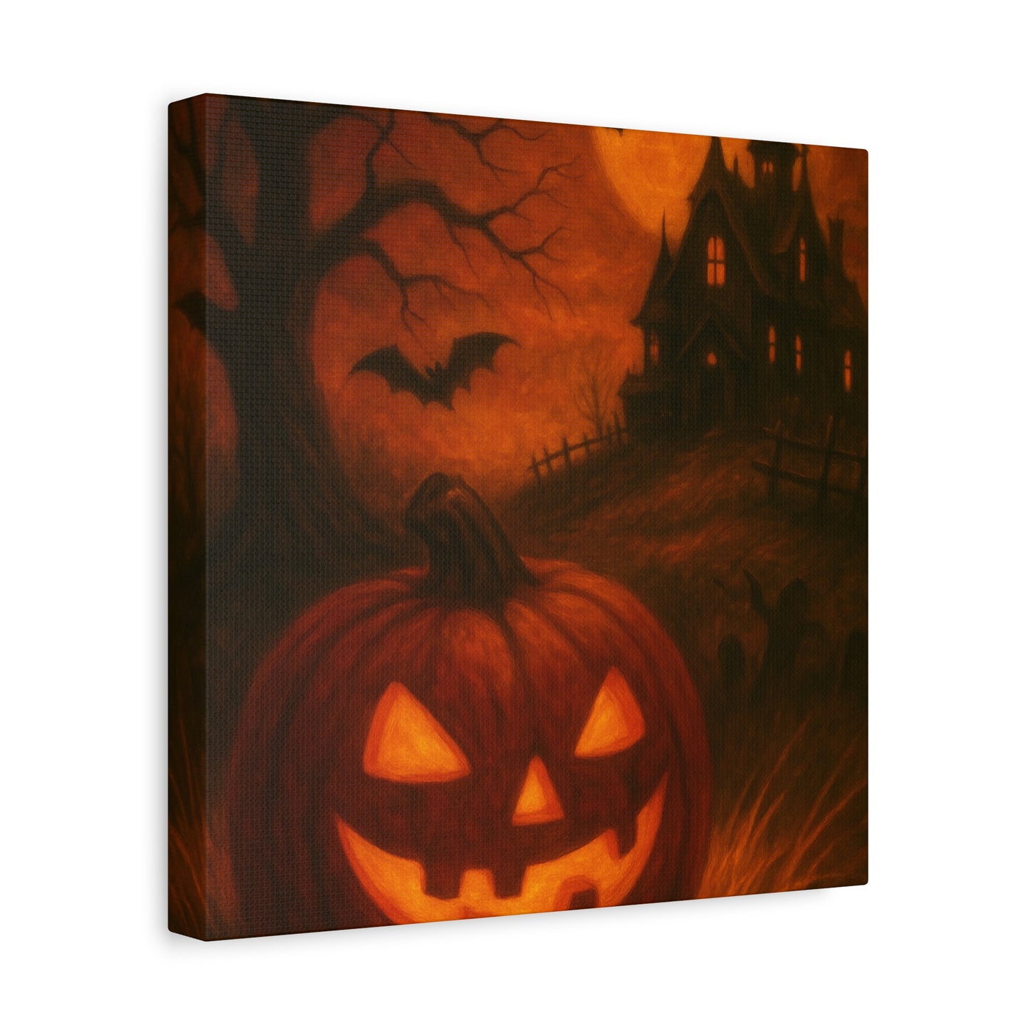 Halloween Themed Canvas Art, Spooky Wall Decor, Pumpkin Artwork, Haunted House Print, Fall Home Decoration