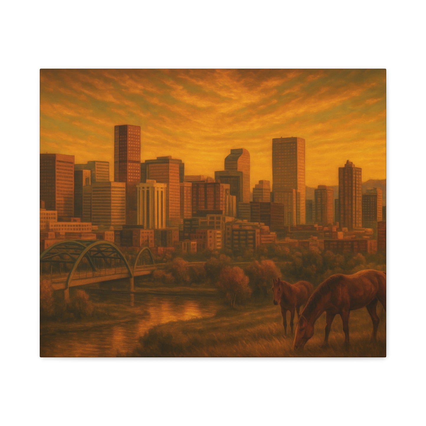 Stretched Canvas Wall Art, Urban Sunset Landscape Print, Horse and City Scene, Home Décor, Gift Idea for Art Lovers