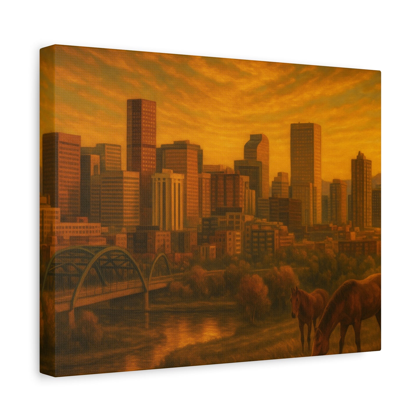 Stretched Canvas Wall Art, Urban Sunset Landscape Print, Horse and City Scene, Home Décor, Gift Idea for Art Lovers