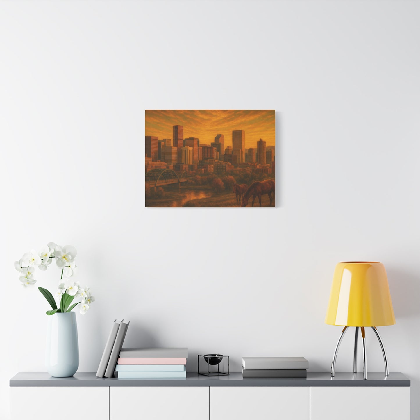 Stretched Canvas Wall Art, Urban Sunset Landscape Print, Horse and City Scene, Home Décor, Gift Idea for Art Lovers