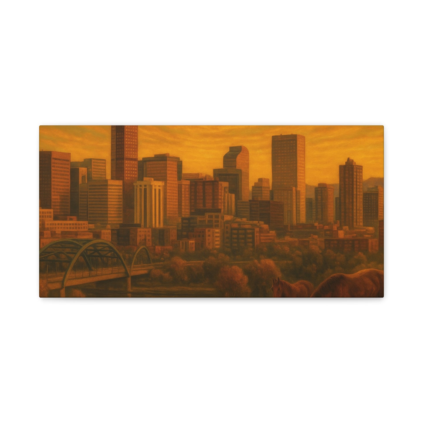 Stretched Canvas Wall Art, Urban Sunset Landscape Print, Horse and City Scene, Home Décor, Gift Idea for Art Lovers