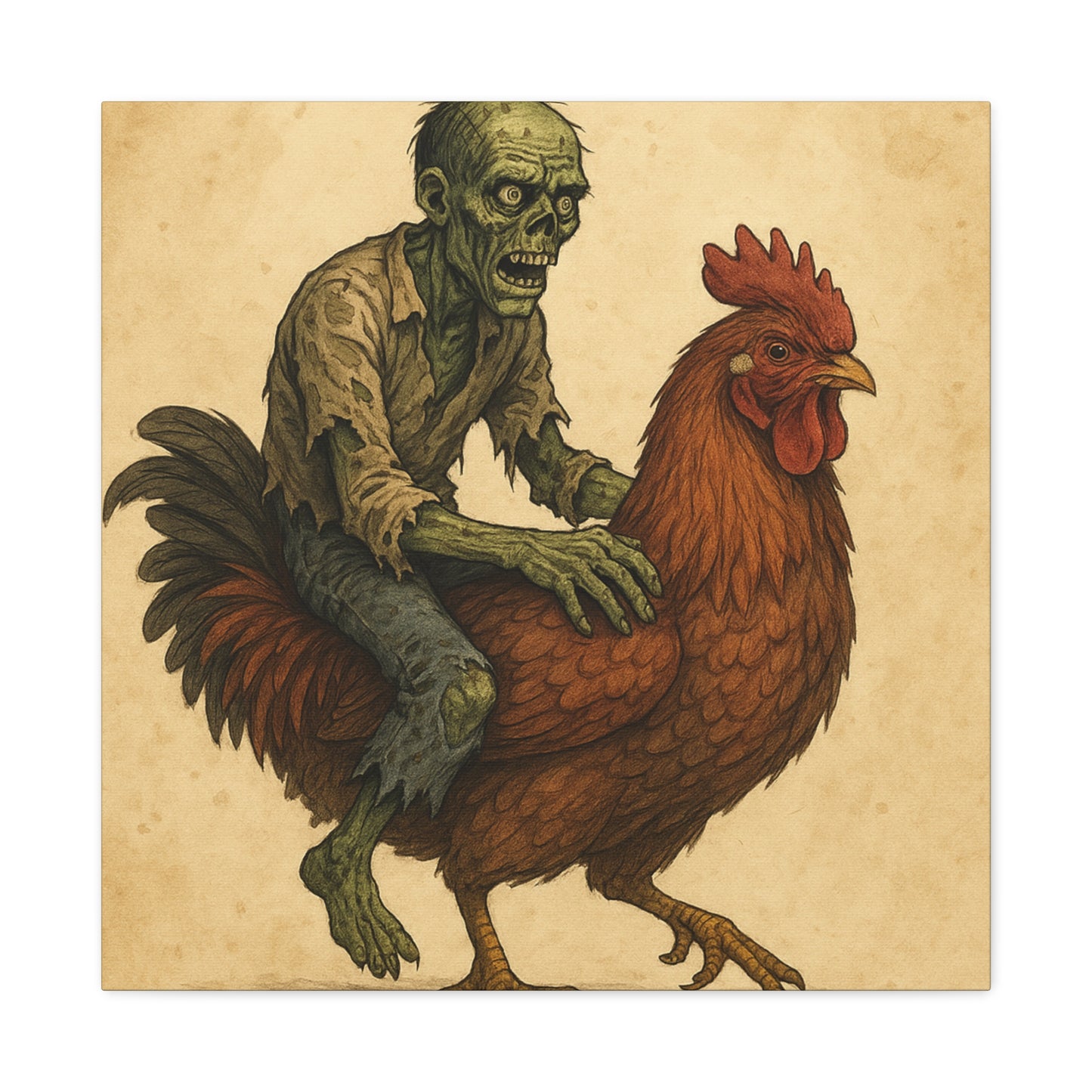 Zombie Chicken Ride Matte Canvas Art, Whimsical Wall Decor, Funny Gift for Halloween, Unique Home Decor, Quirky Art Print