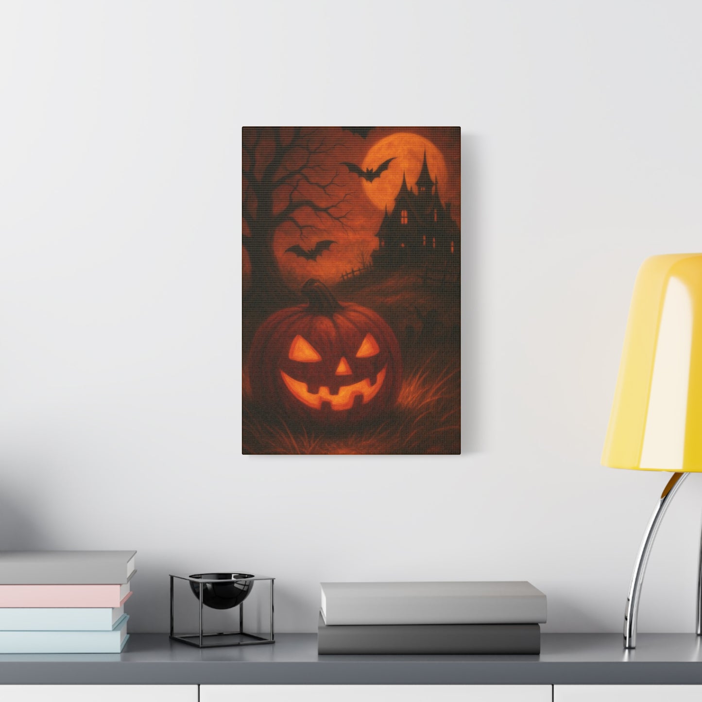 Halloween Themed Canvas Art, Spooky Wall Decor, Pumpkin Artwork, Haunted House Print, Fall Home Decoration