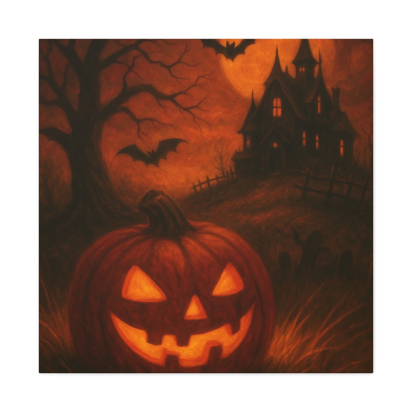 Halloween Themed Canvas Art, Spooky Wall Decor, Pumpkin Artwork, Haunted House Print, Fall Home Decoration