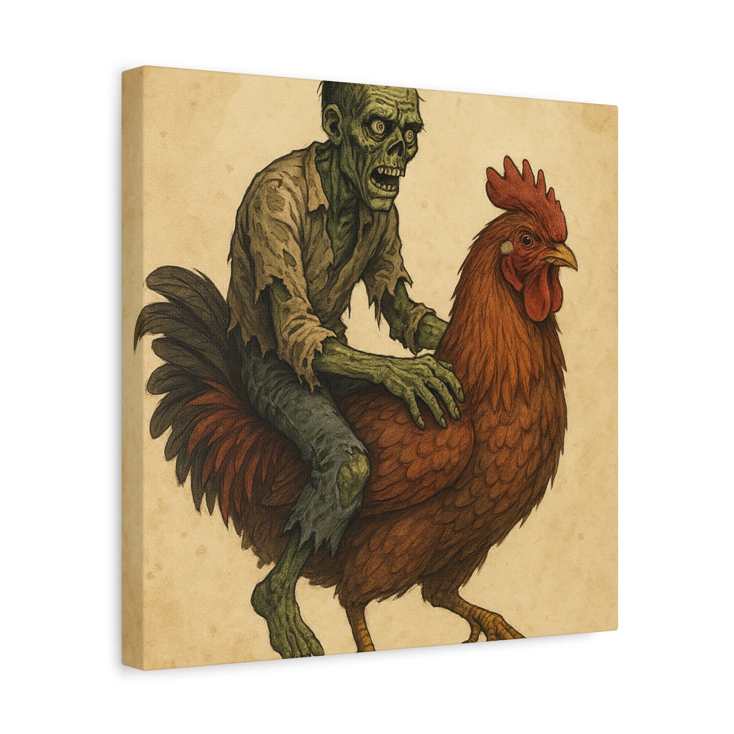 Zombie Chicken Ride Matte Canvas Art, Whimsical Wall Decor, Funny Gift for Halloween, Unique Home Decor, Quirky Art Print