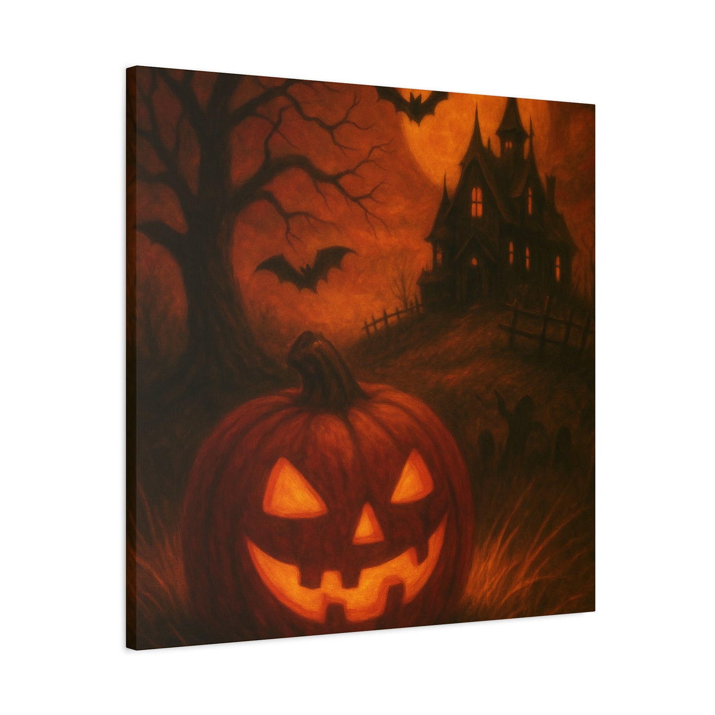 Halloween Themed Canvas Art, Spooky Wall Decor, Pumpkin Artwork, Haunted House Print, Fall Home Decoration