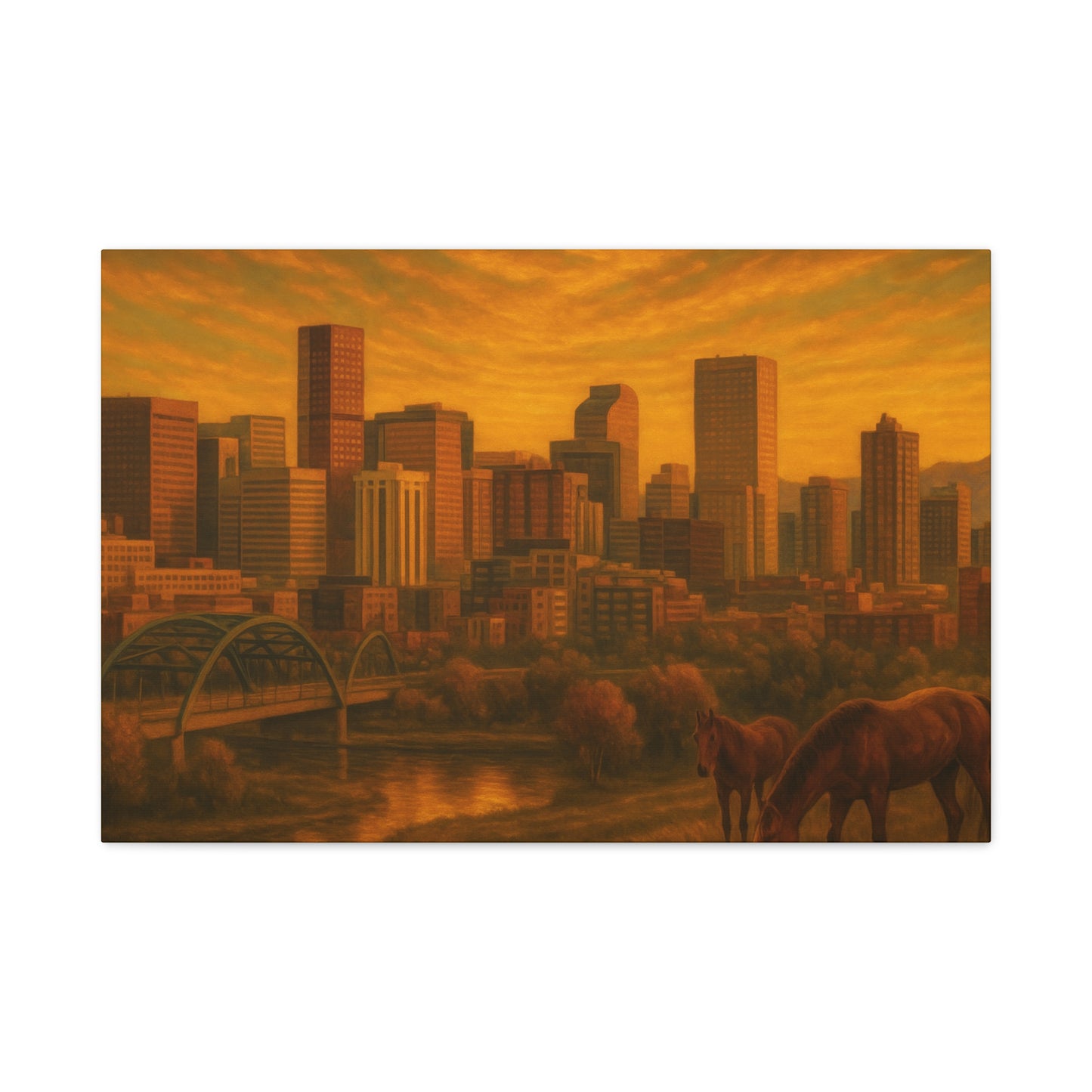 Stretched Canvas Wall Art, Urban Sunset Landscape Print, Horse and City Scene, Home Décor, Gift Idea for Art Lovers