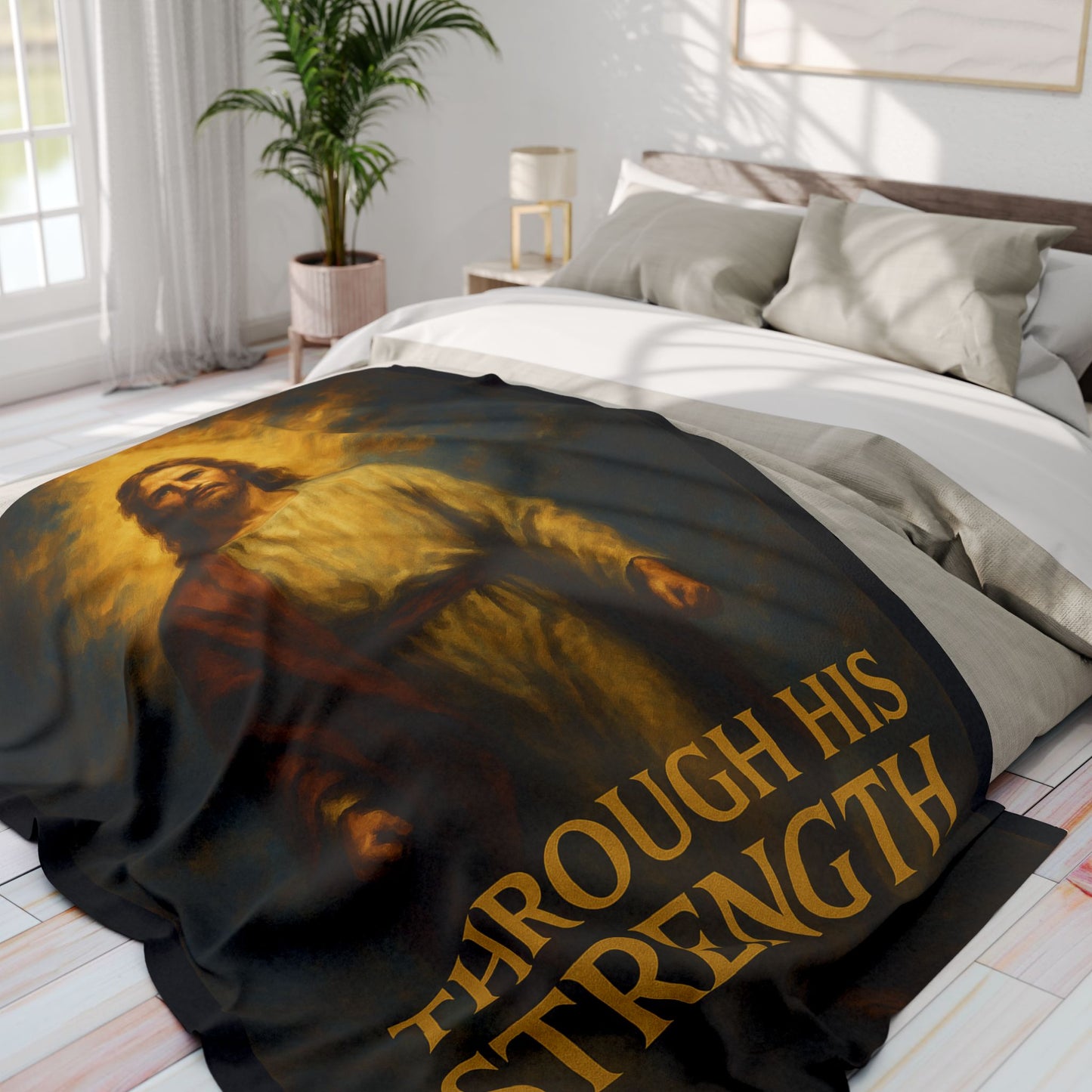 Inspirational Arctic Fleece Blanket, Cozy Gift for Faith, Motivational Decor, Jesus Strength Quote, Spiritual Home Accessory