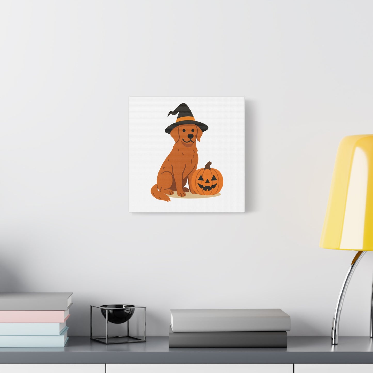 Halloween Dog Canvas Wall Art, Cute Golden Retriever with Pumpkin Decor, Pet Lover Gift, Autumn Home Decoration, Trick or Treat Wall Art
