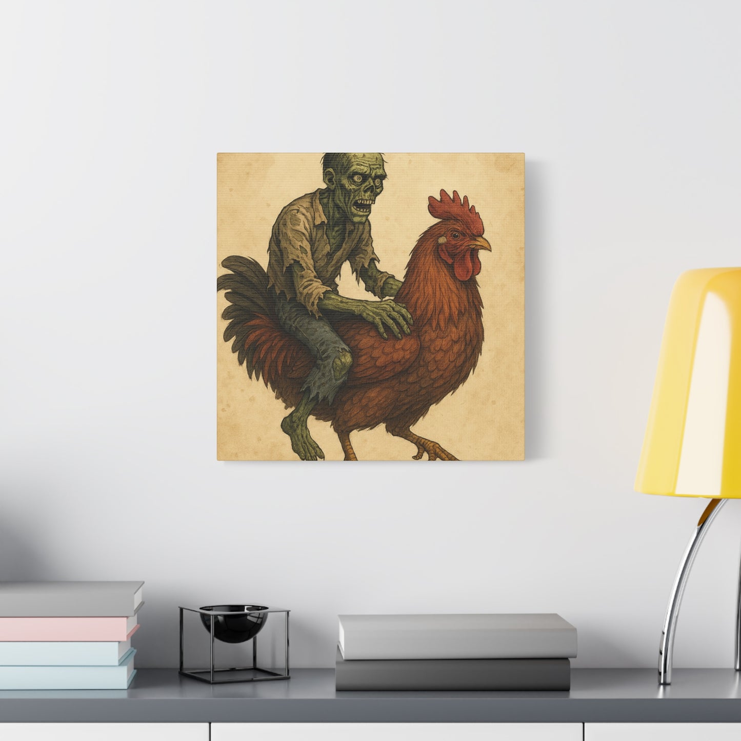 Zombie Chicken Ride Matte Canvas Art, Whimsical Wall Decor, Funny Gift for Halloween, Unique Home Decor, Quirky Art Print