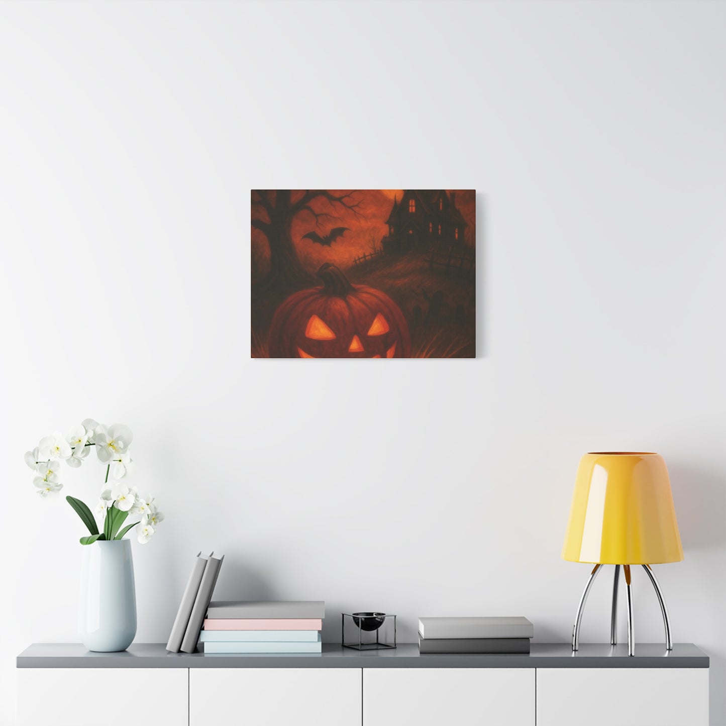 Halloween Themed Canvas Art, Spooky Wall Decor, Pumpkin Artwork, Haunted House Print, Fall Home Decoration