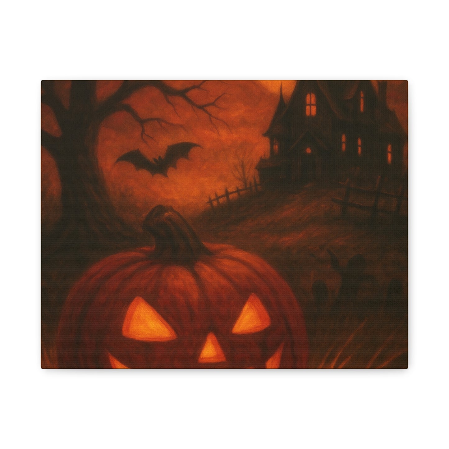 Halloween Themed Canvas Art, Spooky Wall Decor, Pumpkin Artwork, Haunted House Print, Fall Home Decoration