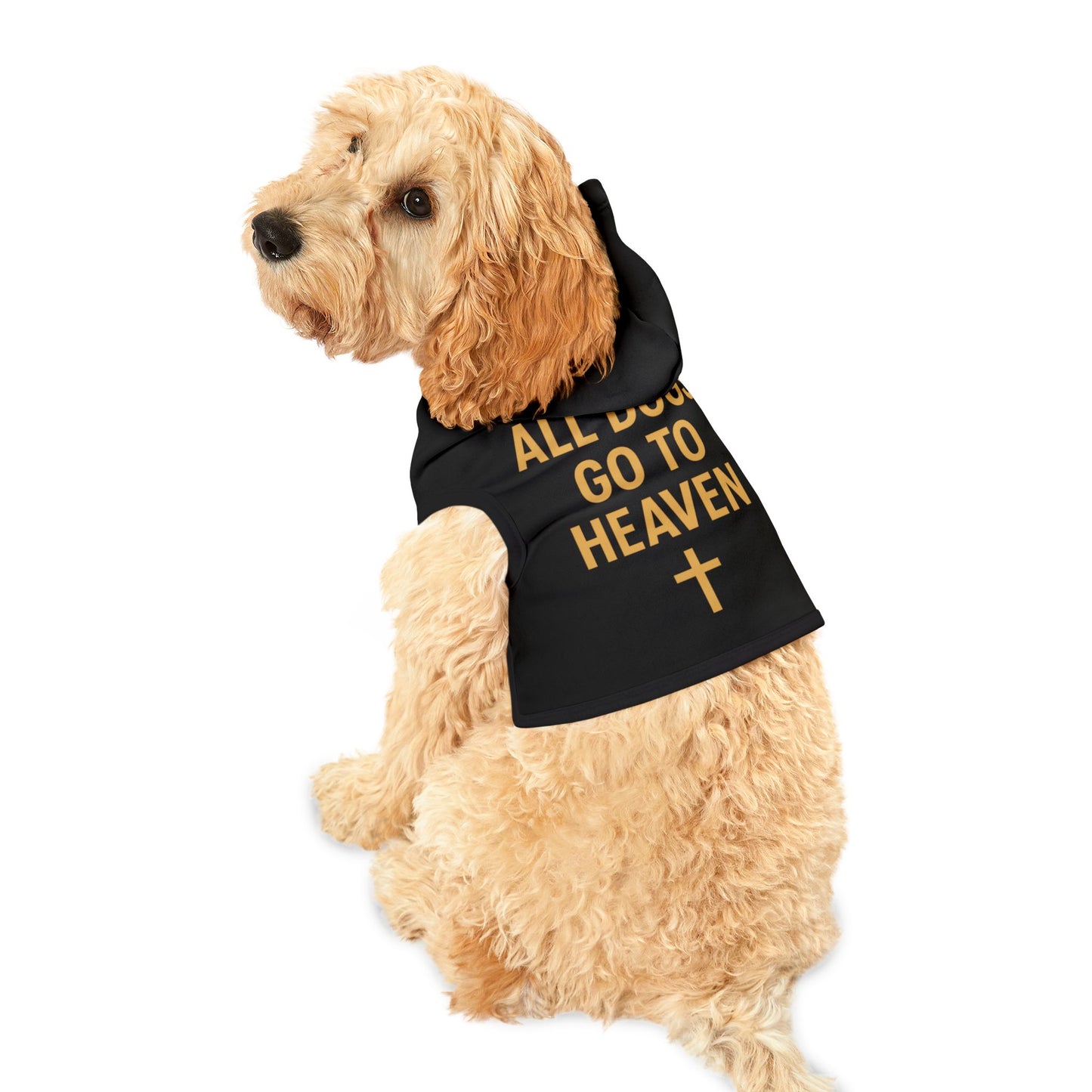 All Dogs Go to Heaven Pet Hoodie – Inspirational Gold Cross Dog & Cat Outfit