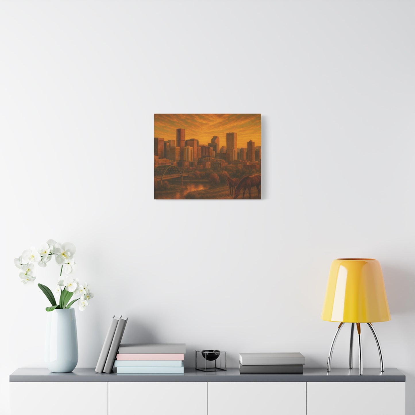 Stretched Canvas Wall Art, Urban Sunset Landscape Print, Horse and City Scene, Home Décor, Gift Idea for Art Lovers