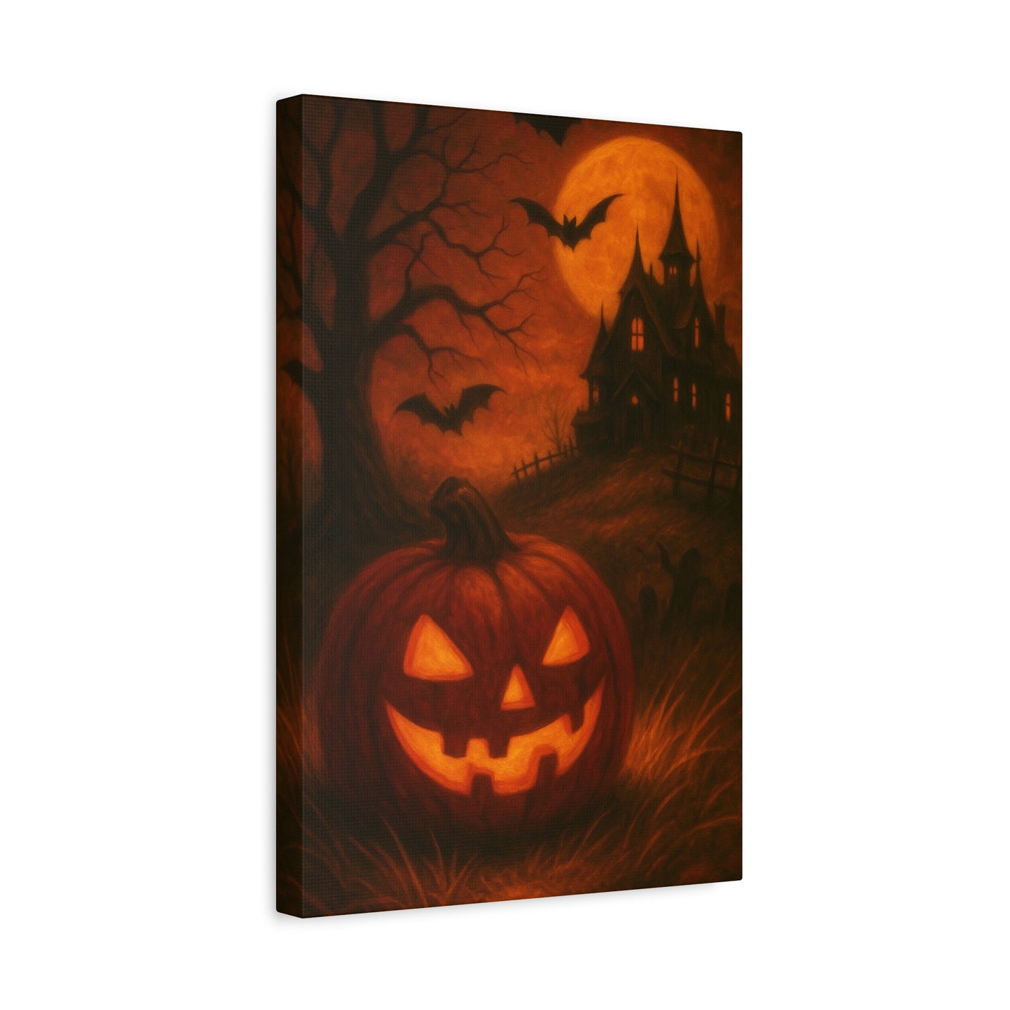 Halloween Themed Canvas Art, Spooky Wall Decor, Pumpkin Artwork, Haunted House Print, Fall Home Decoration