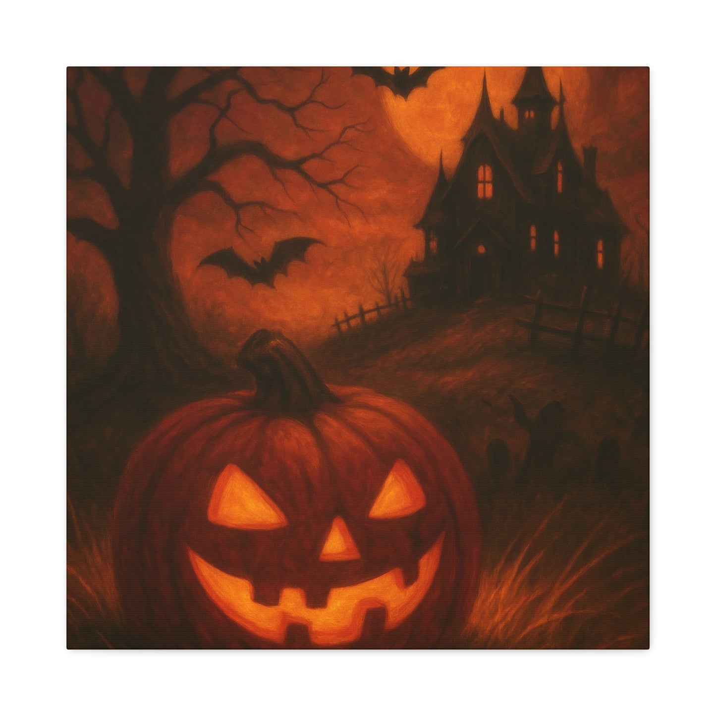Halloween Themed Canvas Art, Spooky Wall Decor, Pumpkin Artwork, Haunted House Print, Fall Home Decoration
