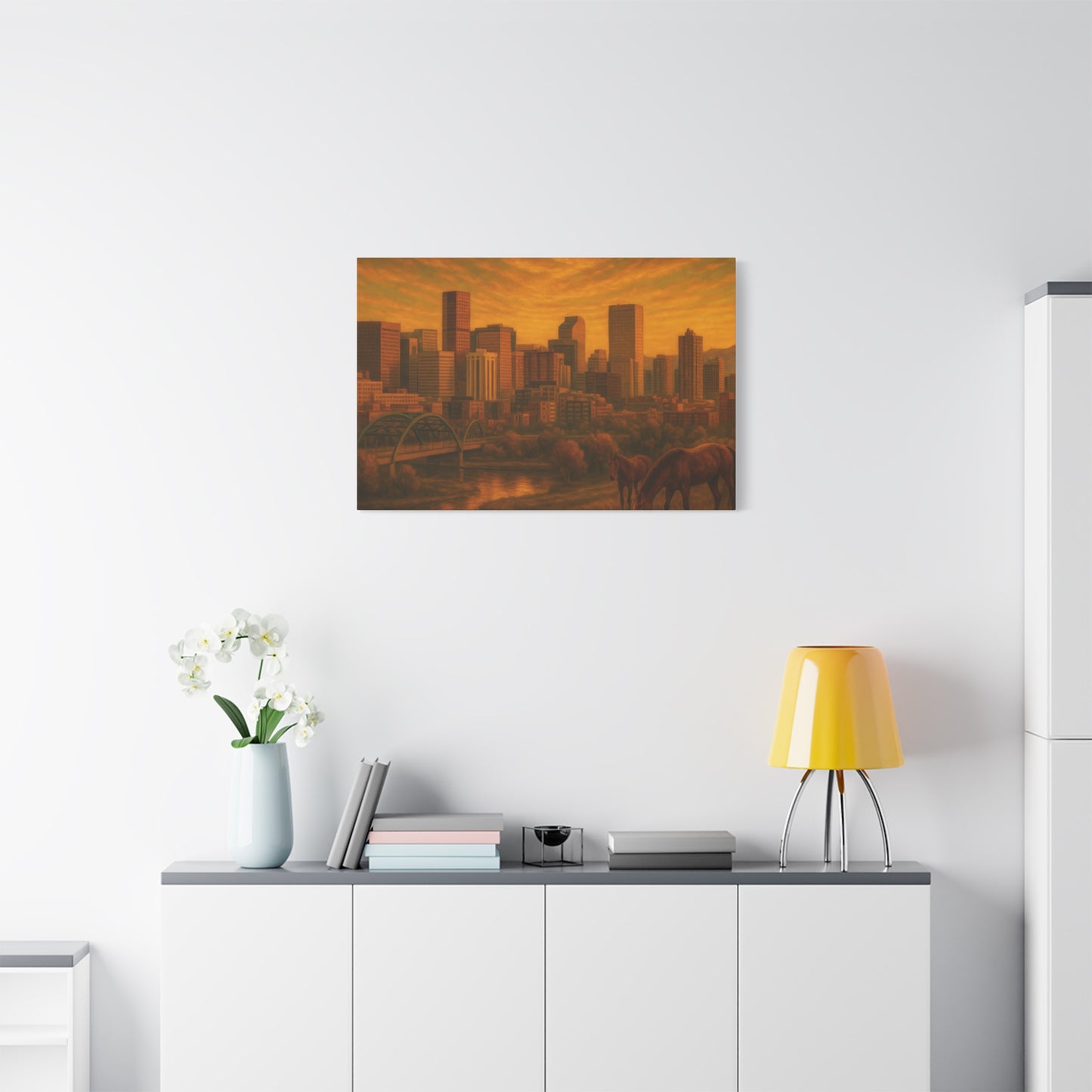 Stretched Canvas Wall Art, Urban Sunset Landscape Print, Horse and City Scene, Home Décor, Gift Idea for Art Lovers