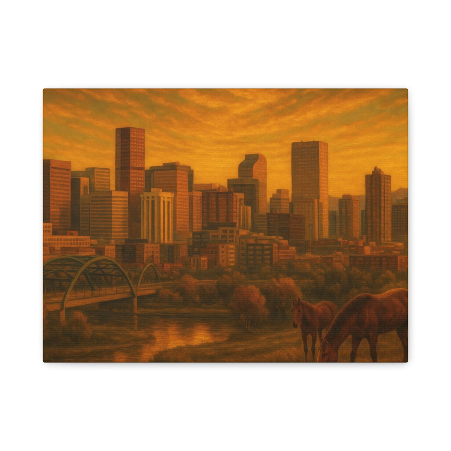 Stretched Canvas Wall Art, Urban Sunset Landscape Print, Horse and City Scene, Home Décor, Gift Idea for Art Lovers
