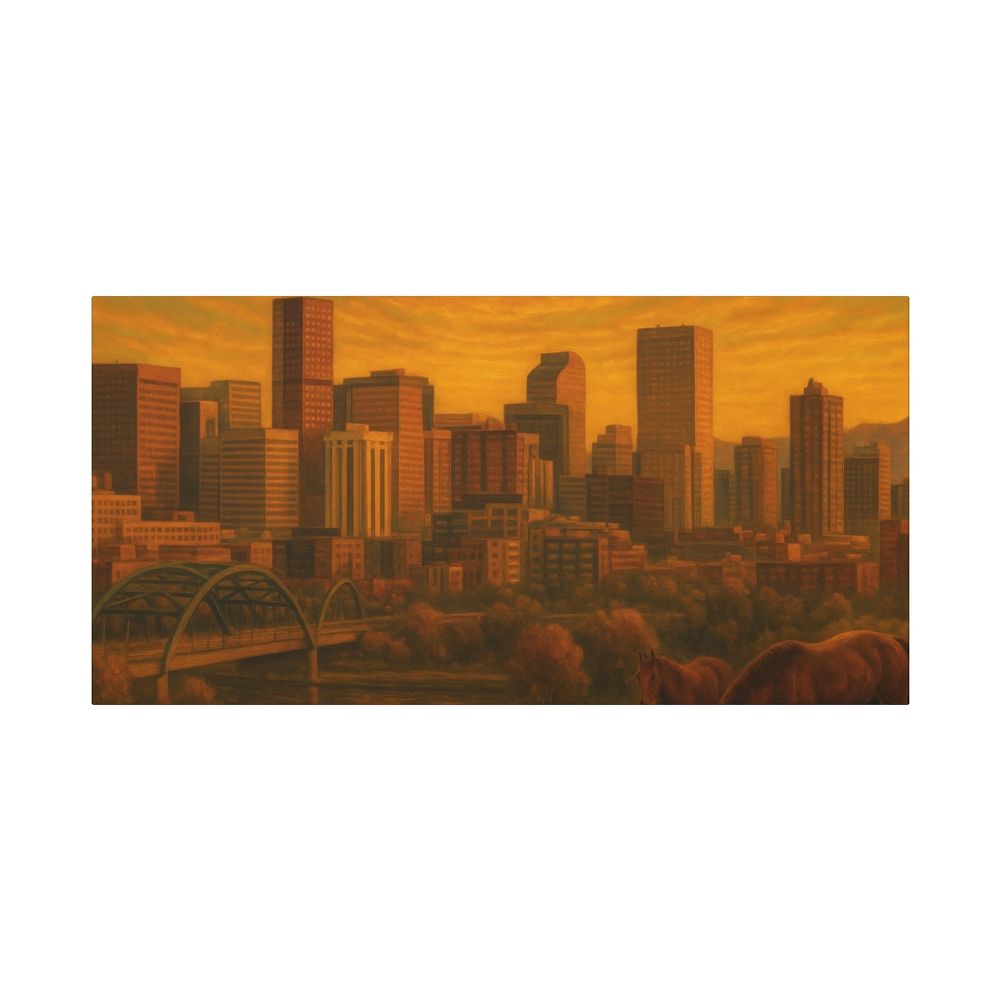 Stretched Canvas Wall Art, Urban Sunset Landscape Print, Horse and City Scene, Home Décor, Gift Idea for Art Lovers