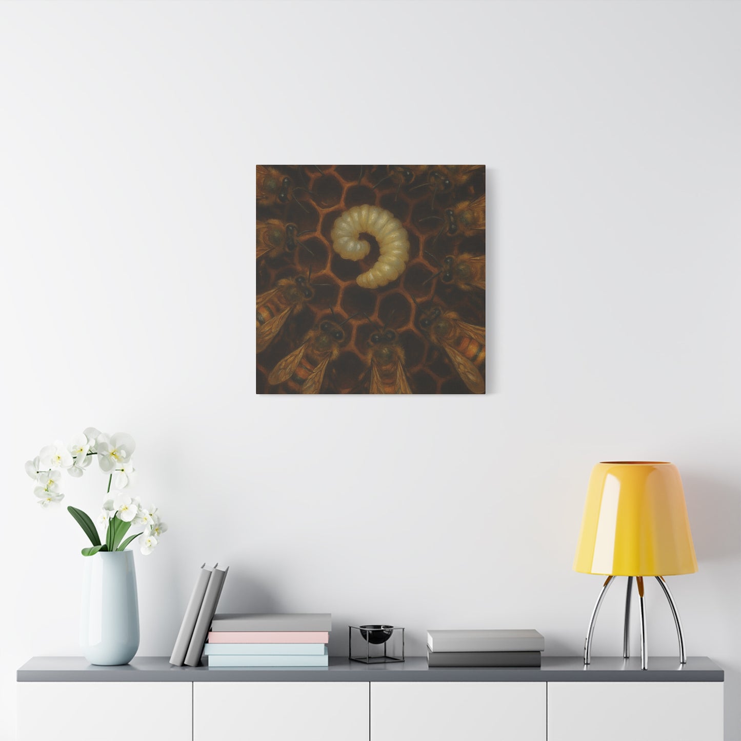 Bee Themed Wall Art Canvas, Honeycomb Decor, Nature Lover Gift, Nursery Decoration, Botanical Wall Art, Insect Art Print
