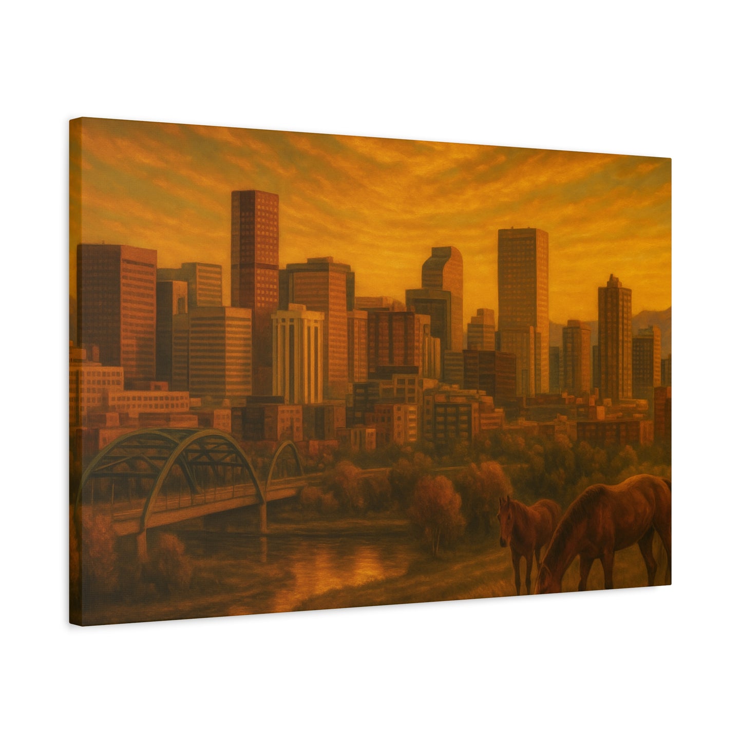 Stretched Canvas Wall Art, Urban Sunset Landscape Print, Horse and City Scene, Home Décor, Gift Idea for Art Lovers