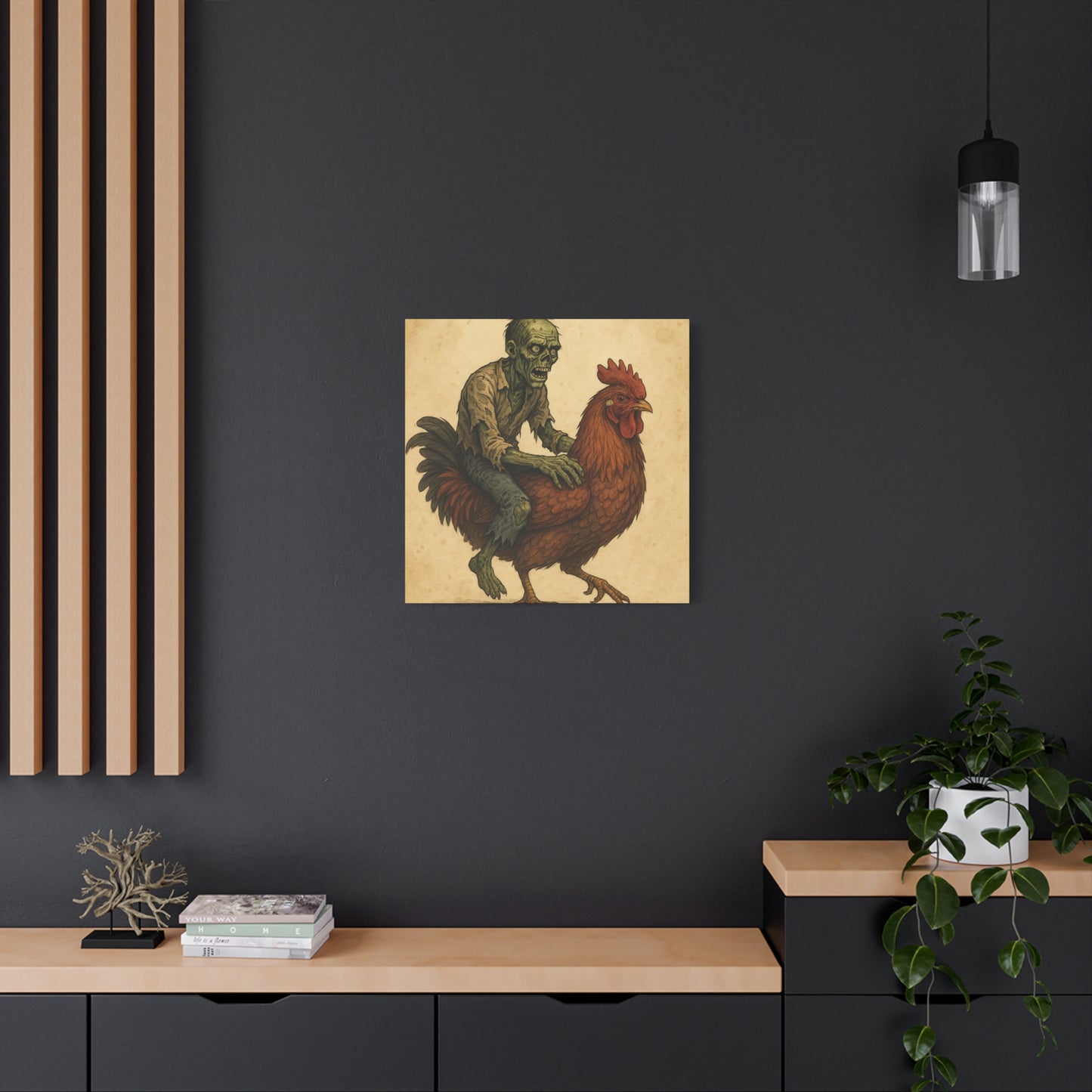 Zombie Chicken Ride Matte Canvas Art, Whimsical Wall Decor, Funny Gift for Halloween, Unique Home Decor, Quirky Art Print