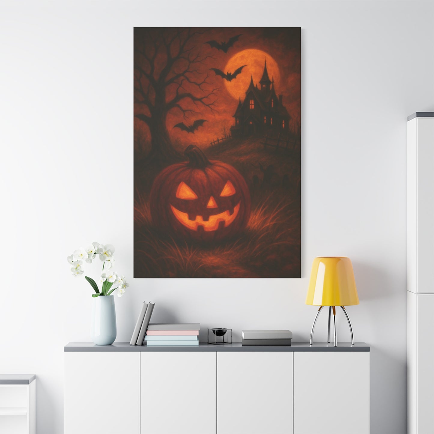 Halloween Themed Canvas Art, Spooky Wall Decor, Pumpkin Artwork, Haunted House Print, Fall Home Decoration
