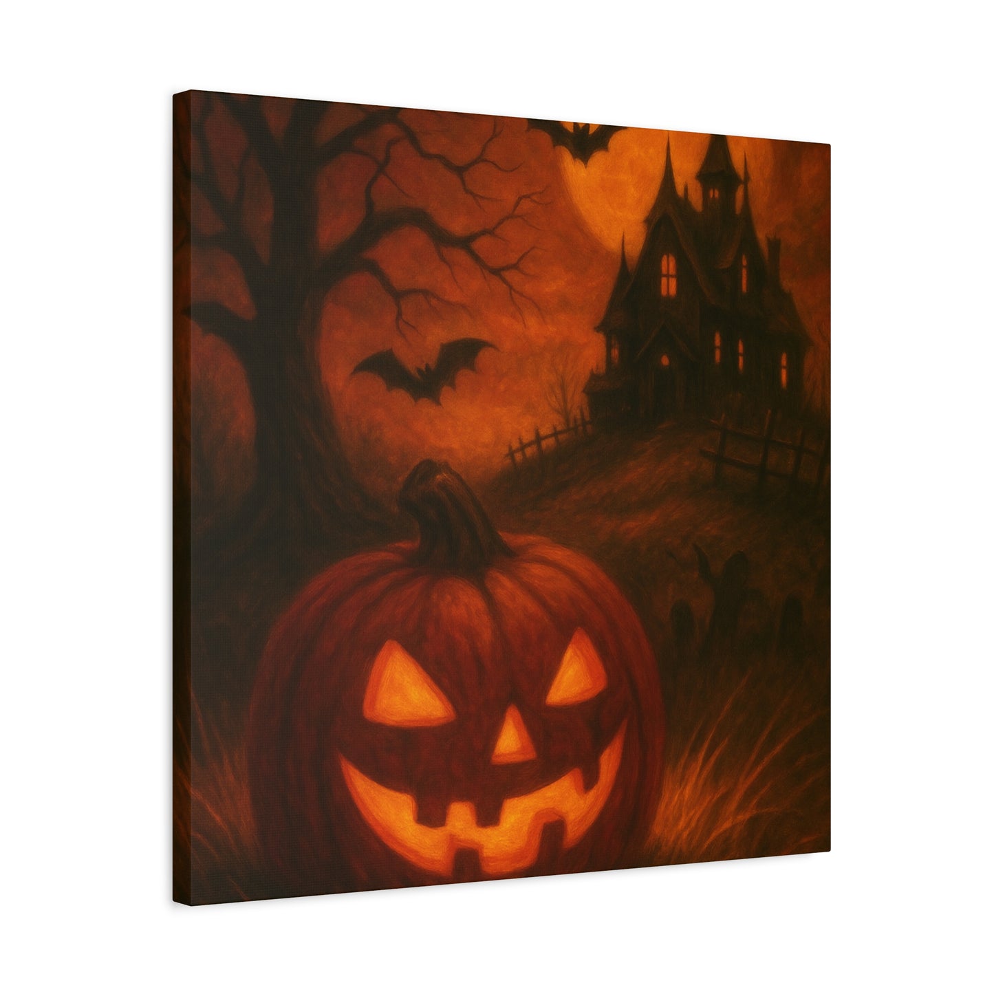 Halloween Themed Canvas Art, Spooky Wall Decor, Pumpkin Artwork, Haunted House Print, Fall Home Decoration