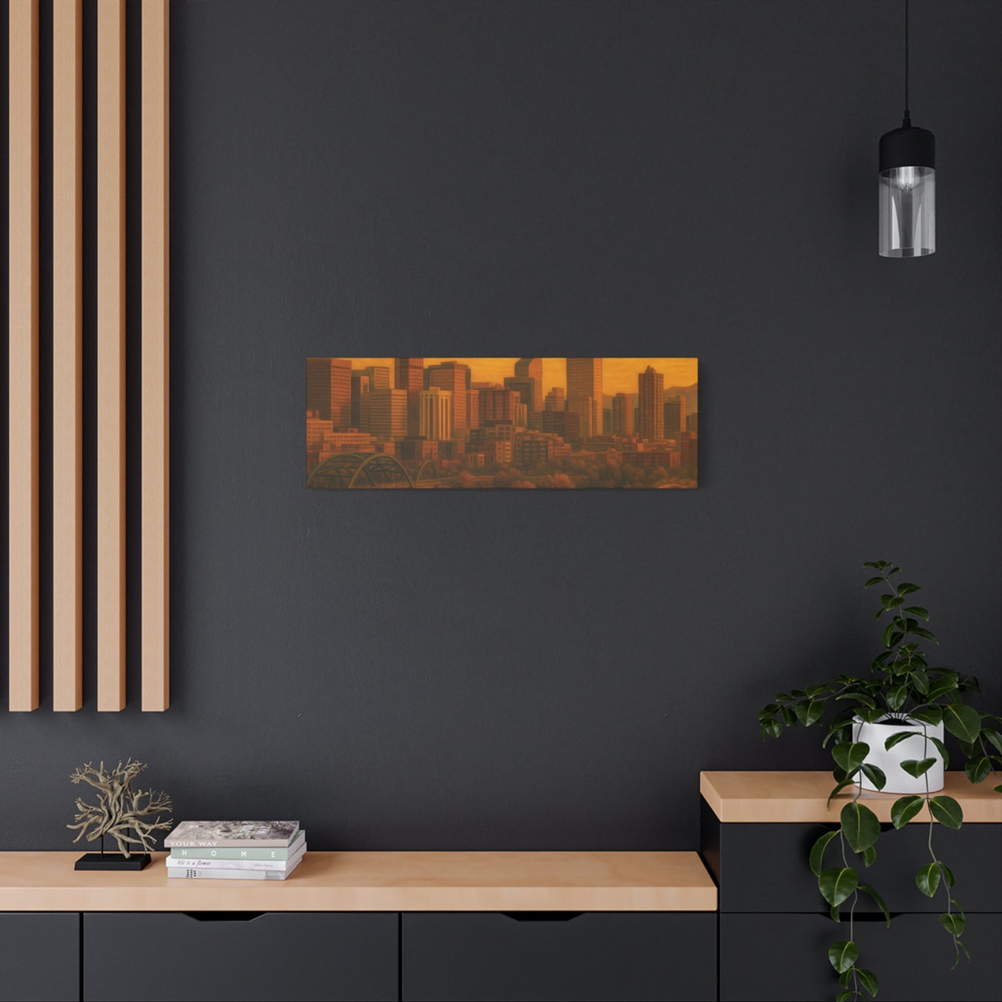 Stretched Canvas Wall Art, Urban Sunset Landscape Print, Horse and City Scene, Home Décor, Gift Idea for Art Lovers