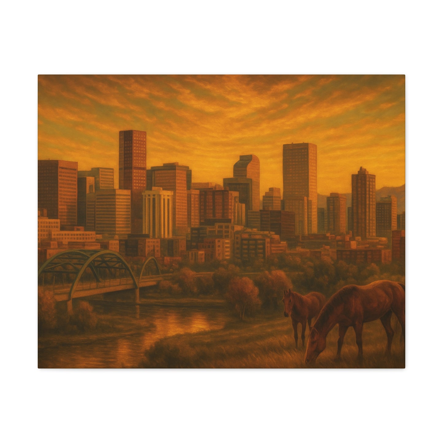 Stretched Canvas Wall Art, Urban Sunset Landscape Print, Horse and City Scene, Home Décor, Gift Idea for Art Lovers