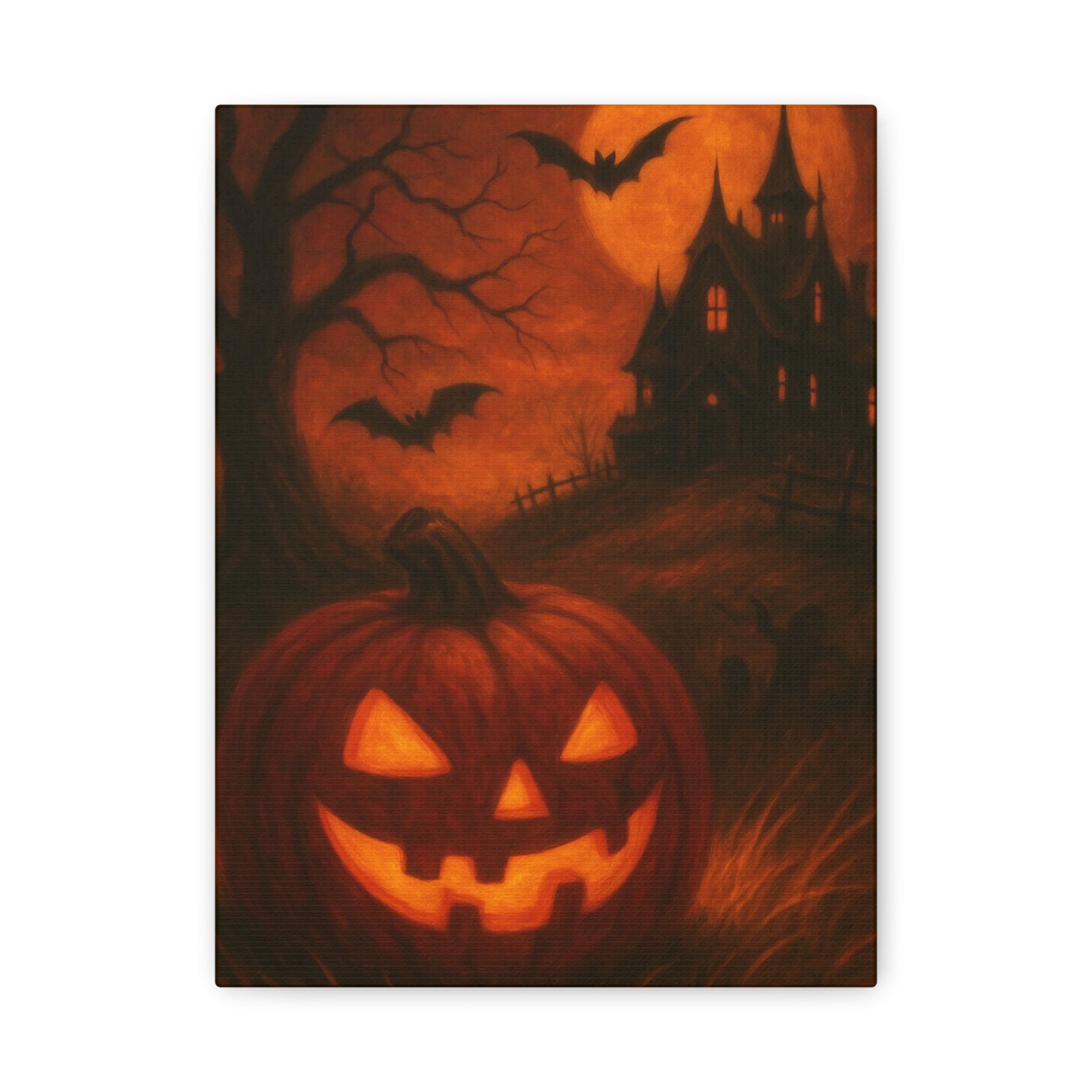 Halloween Themed Canvas Art, Spooky Wall Decor, Pumpkin Artwork, Haunted House Print, Fall Home Decoration