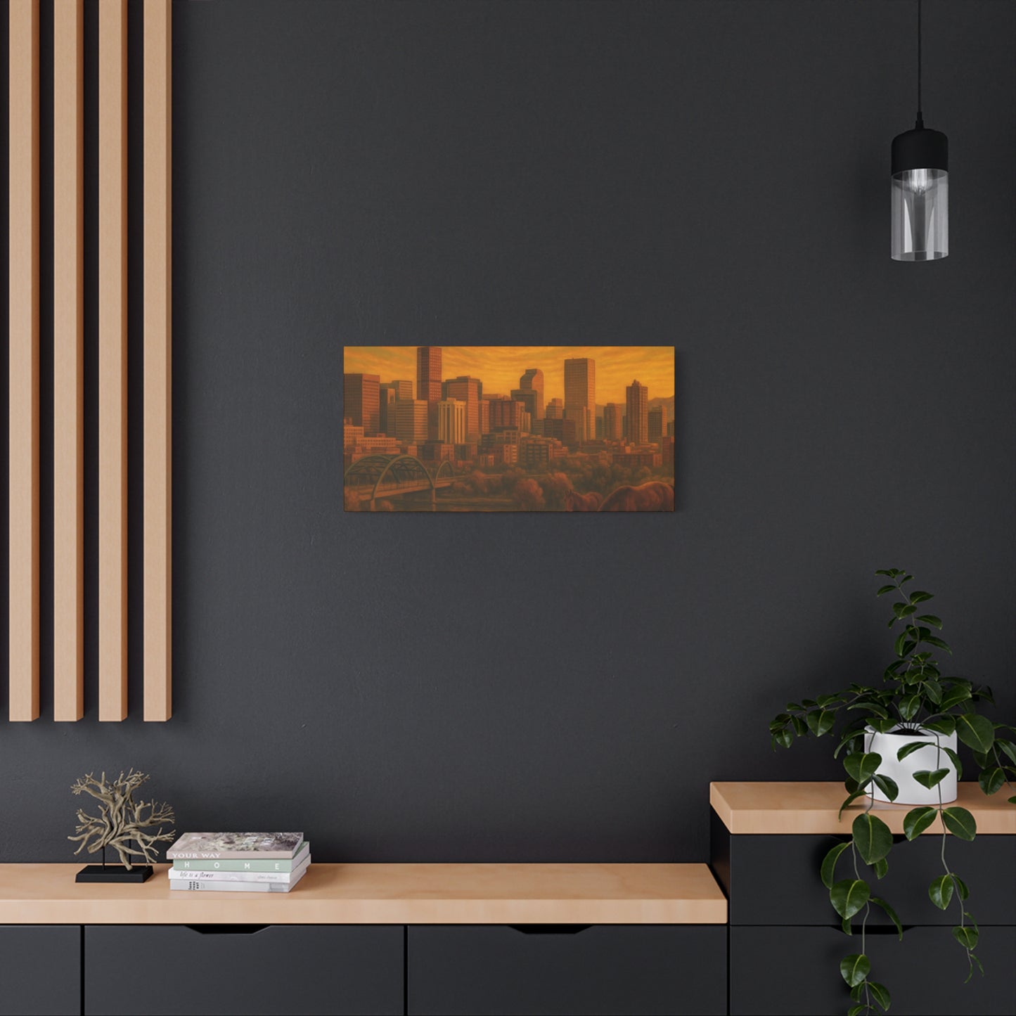 Stretched Canvas Wall Art, Urban Sunset Landscape Print, Horse and City Scene, Home Décor, Gift Idea for Art Lovers