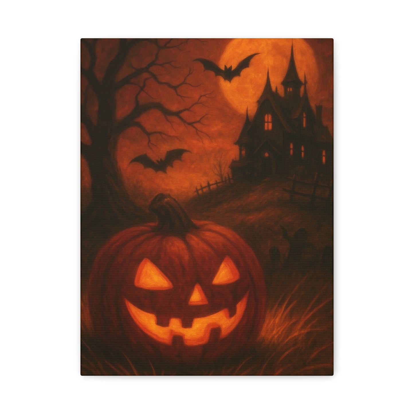 Halloween Themed Canvas Art, Spooky Wall Decor, Pumpkin Artwork, Haunted House Print, Fall Home Decoration
