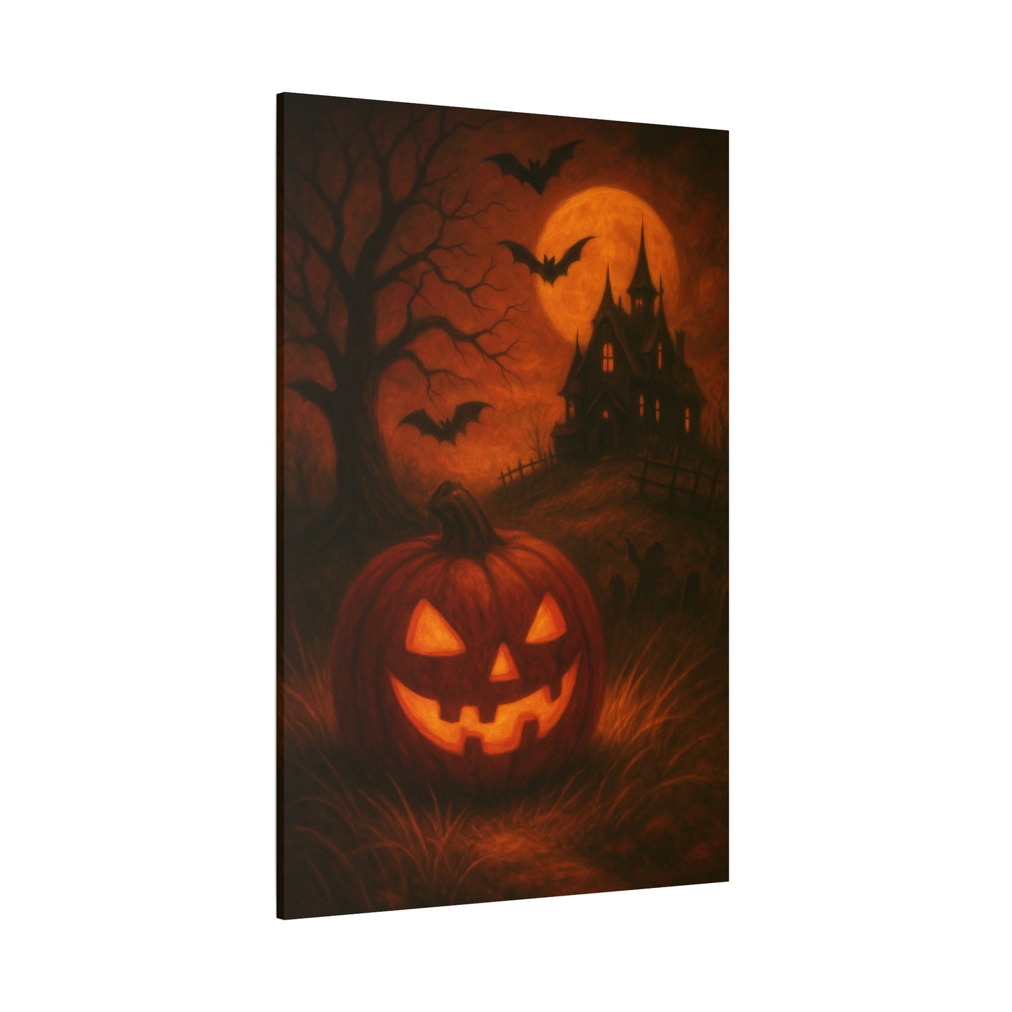 Halloween Themed Canvas Art, Spooky Wall Decor, Pumpkin Artwork, Haunted House Print, Fall Home Decoration