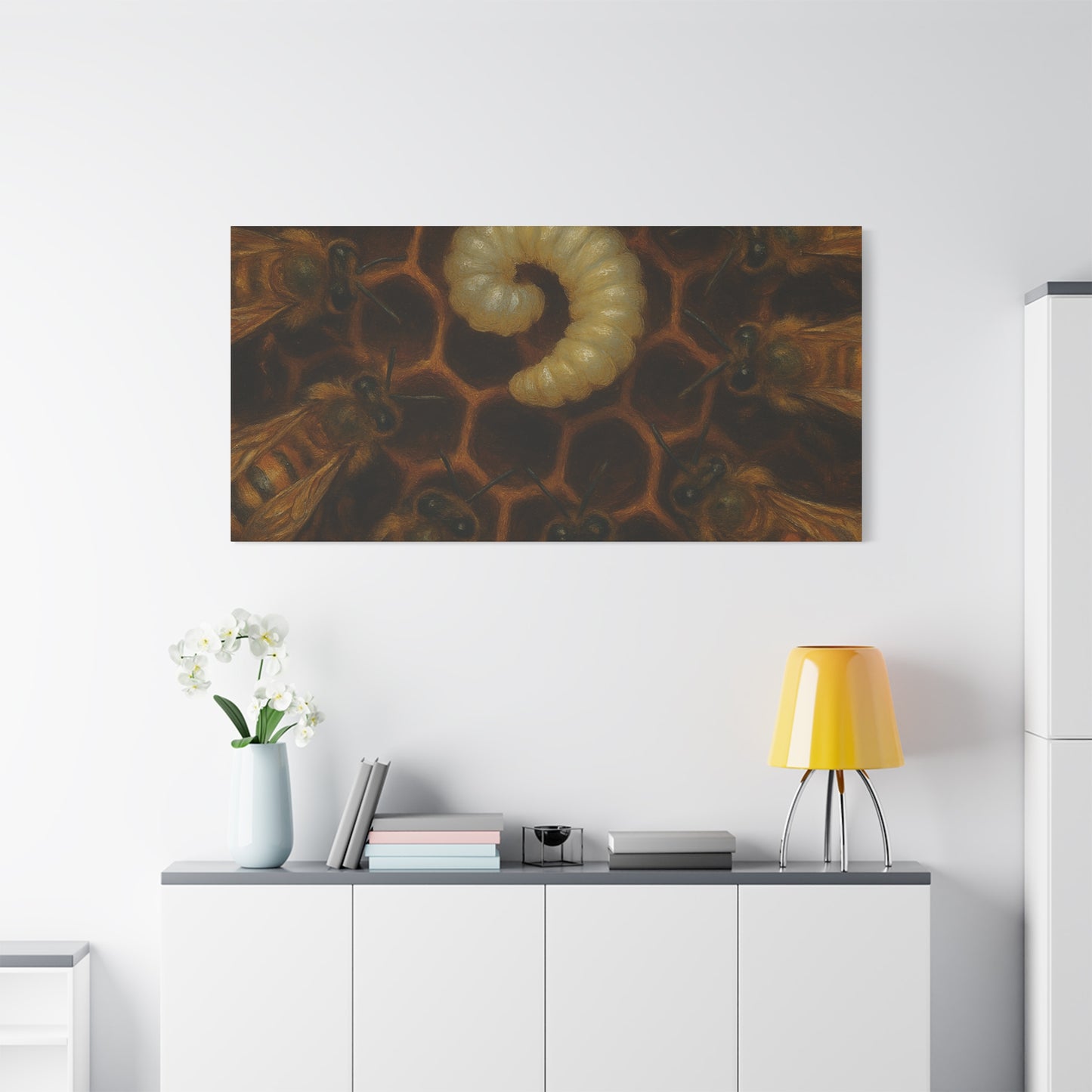 Bee Themed Wall Art Canvas, Honeycomb Decor, Nature Lover Gift, Nursery Decoration, Botanical Wall Art, Insect Art Print