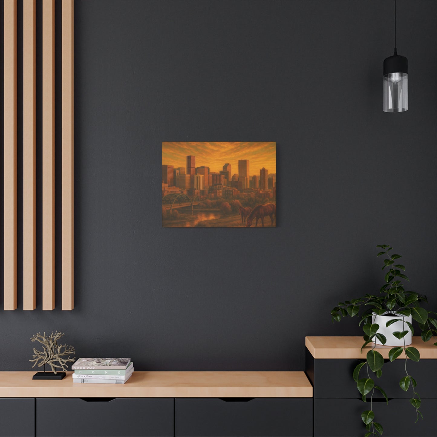 Stretched Canvas Wall Art, Urban Sunset Landscape Print, Horse and City Scene, Home Décor, Gift Idea for Art Lovers