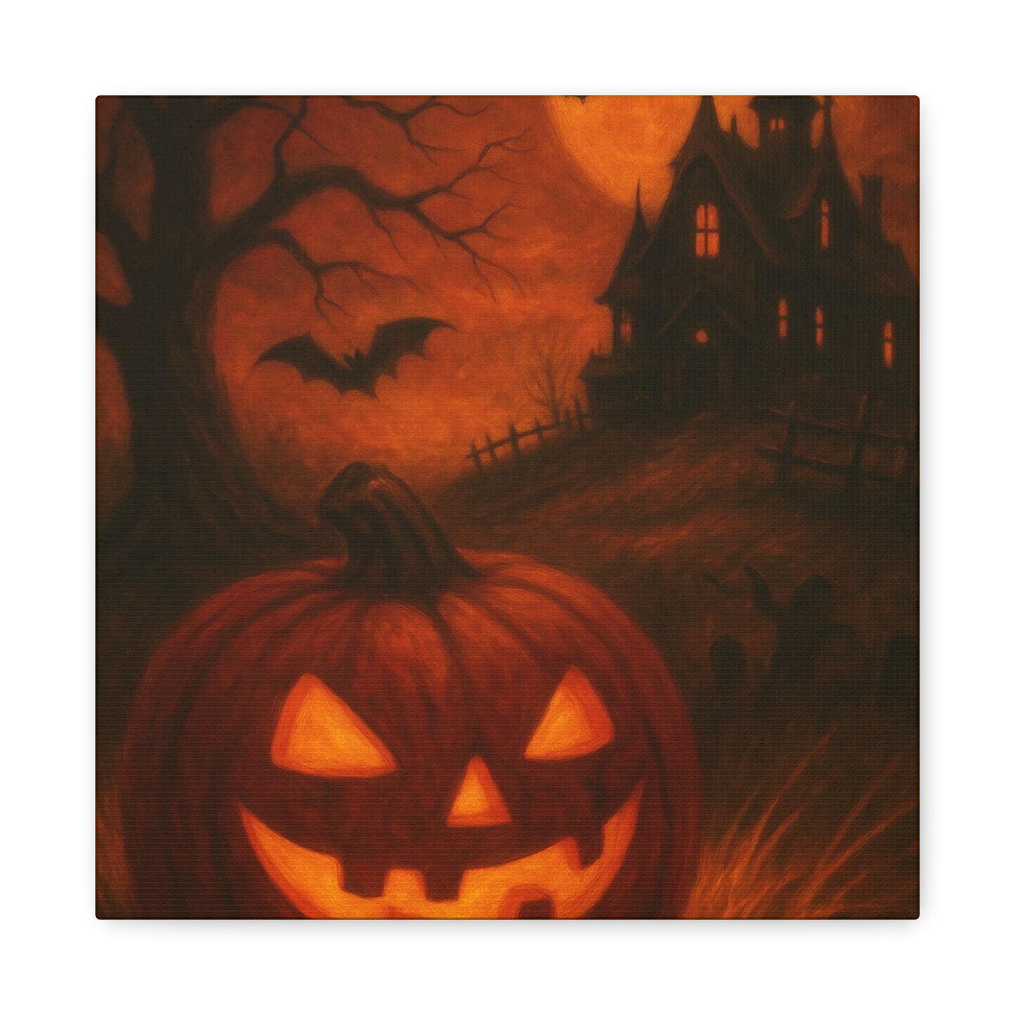 Halloween Themed Canvas Art, Spooky Wall Decor, Pumpkin Artwork, Haunted House Print, Fall Home Decoration