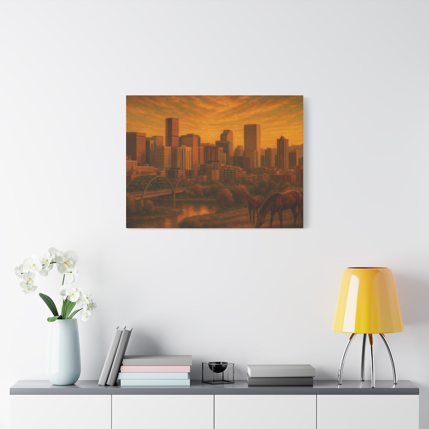 Stretched Canvas Wall Art, Urban Sunset Landscape Print, Horse and City Scene, Home Décor, Gift Idea for Art Lovers