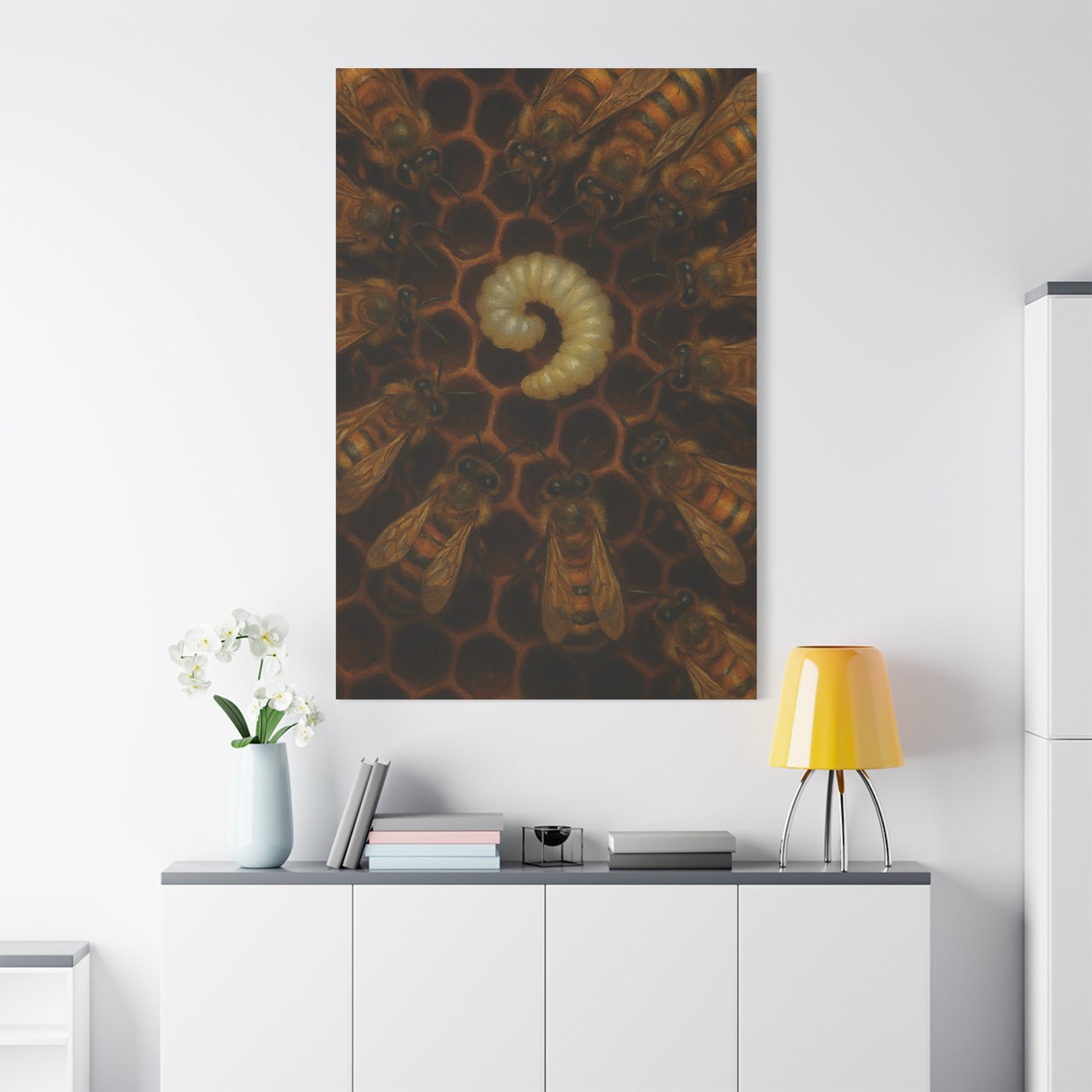 Bee Themed Wall Art Canvas, Honeycomb Decor, Nature Lover Gift, Nursery Decoration, Botanical Wall Art, Insect Art Print