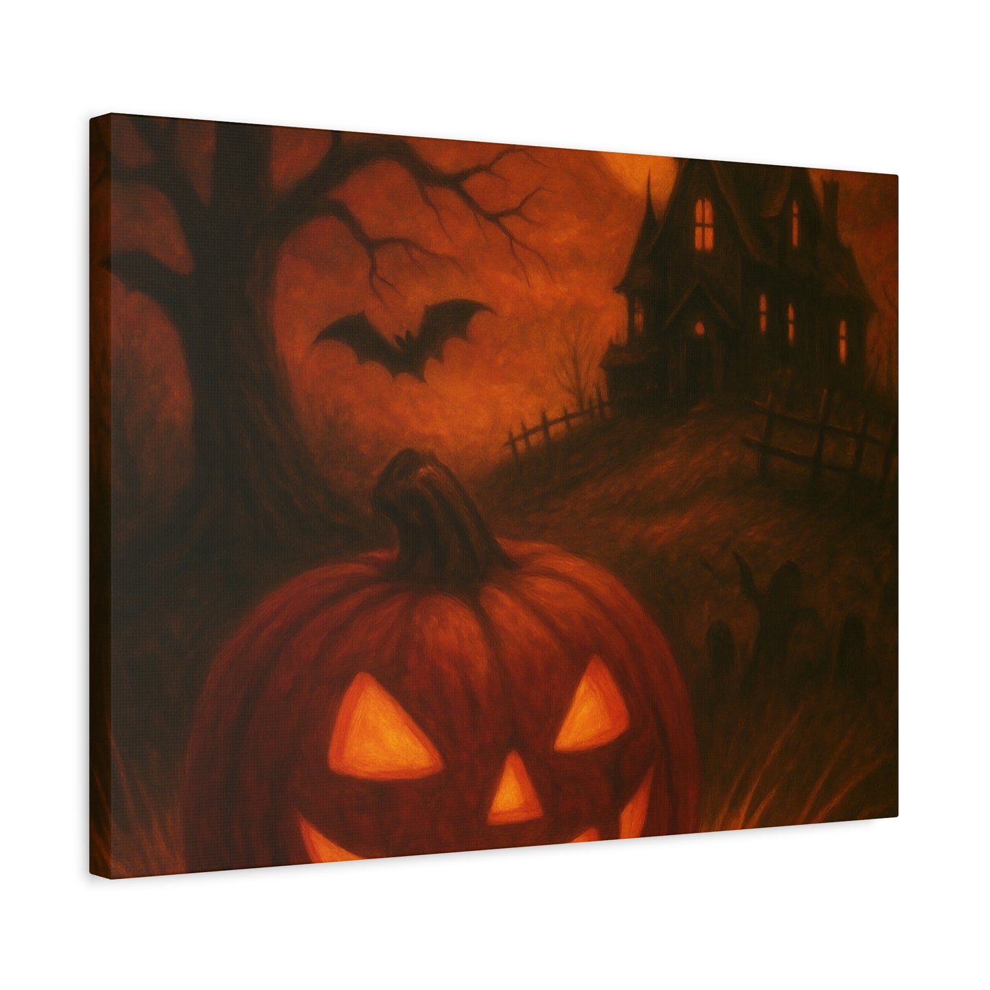 Halloween Themed Canvas Art, Spooky Wall Decor, Pumpkin Artwork, Haunted House Print, Fall Home Decoration