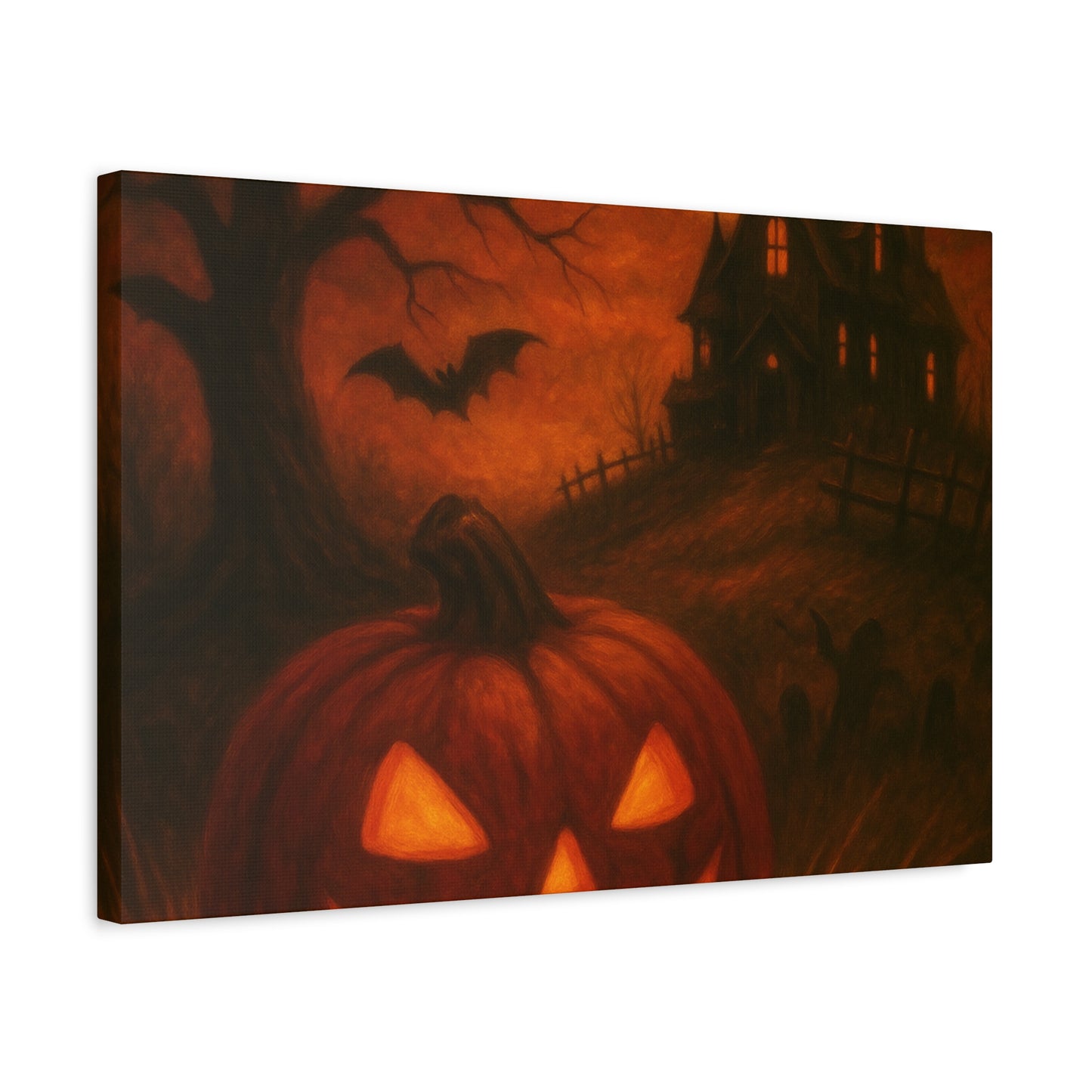 Halloween Themed Canvas Art, Spooky Wall Decor, Pumpkin Artwork, Haunted House Print, Fall Home Decoration