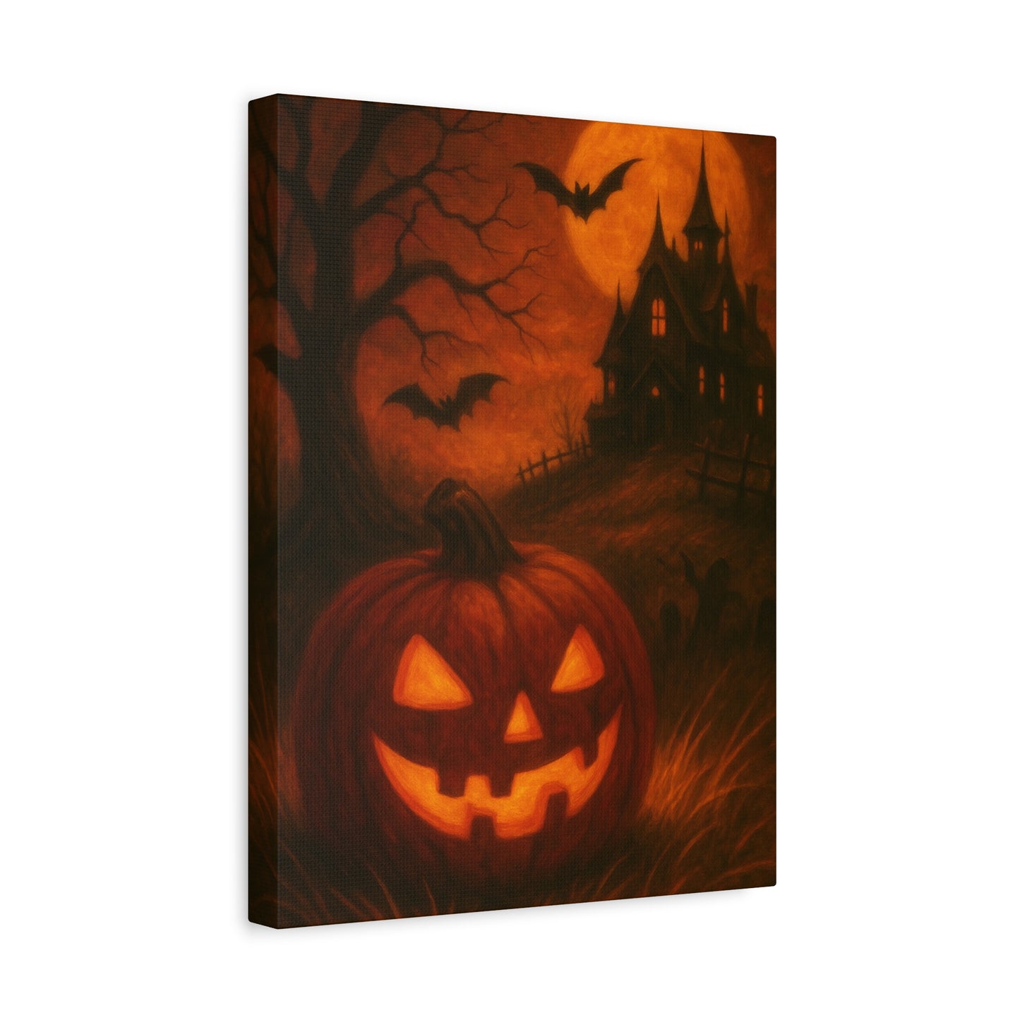 Halloween Themed Canvas Art, Spooky Wall Decor, Pumpkin Artwork, Haunted House Print, Fall Home Decoration