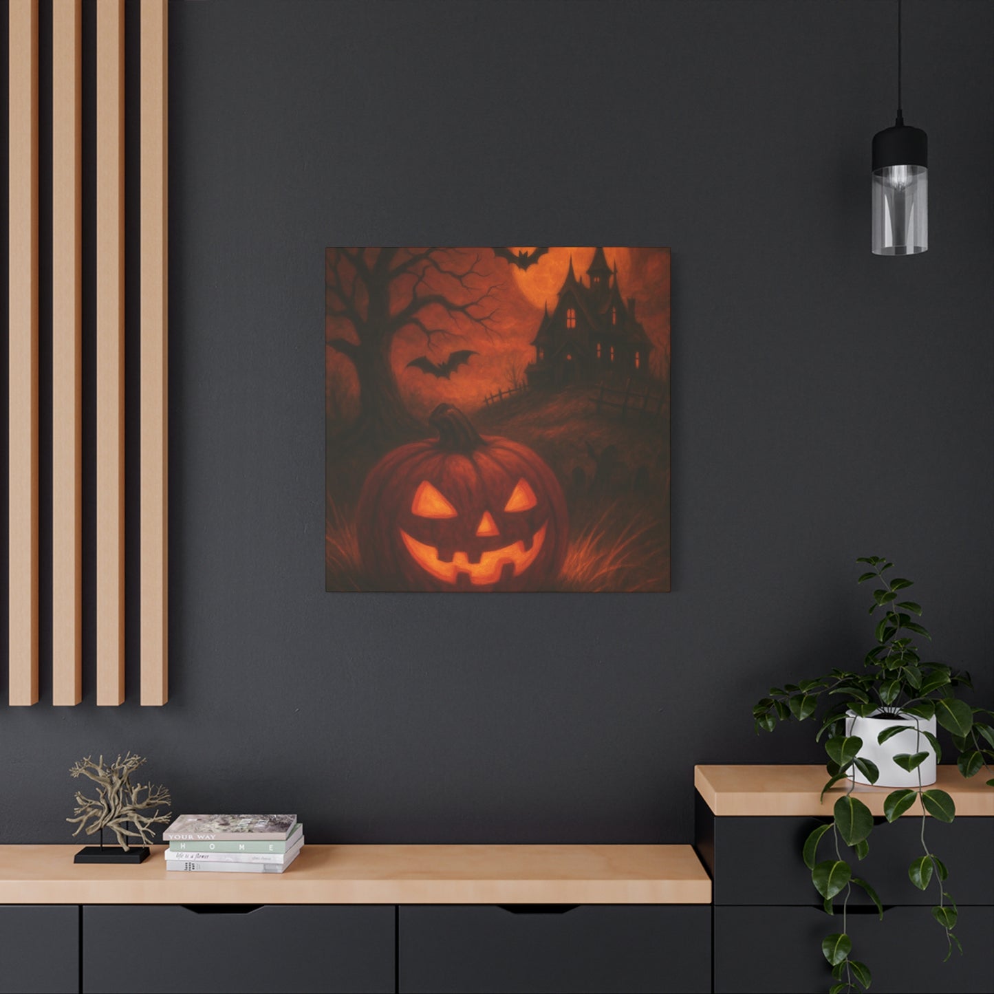 Halloween Themed Canvas Art, Spooky Wall Decor, Pumpkin Artwork, Haunted House Print, Fall Home Decoration