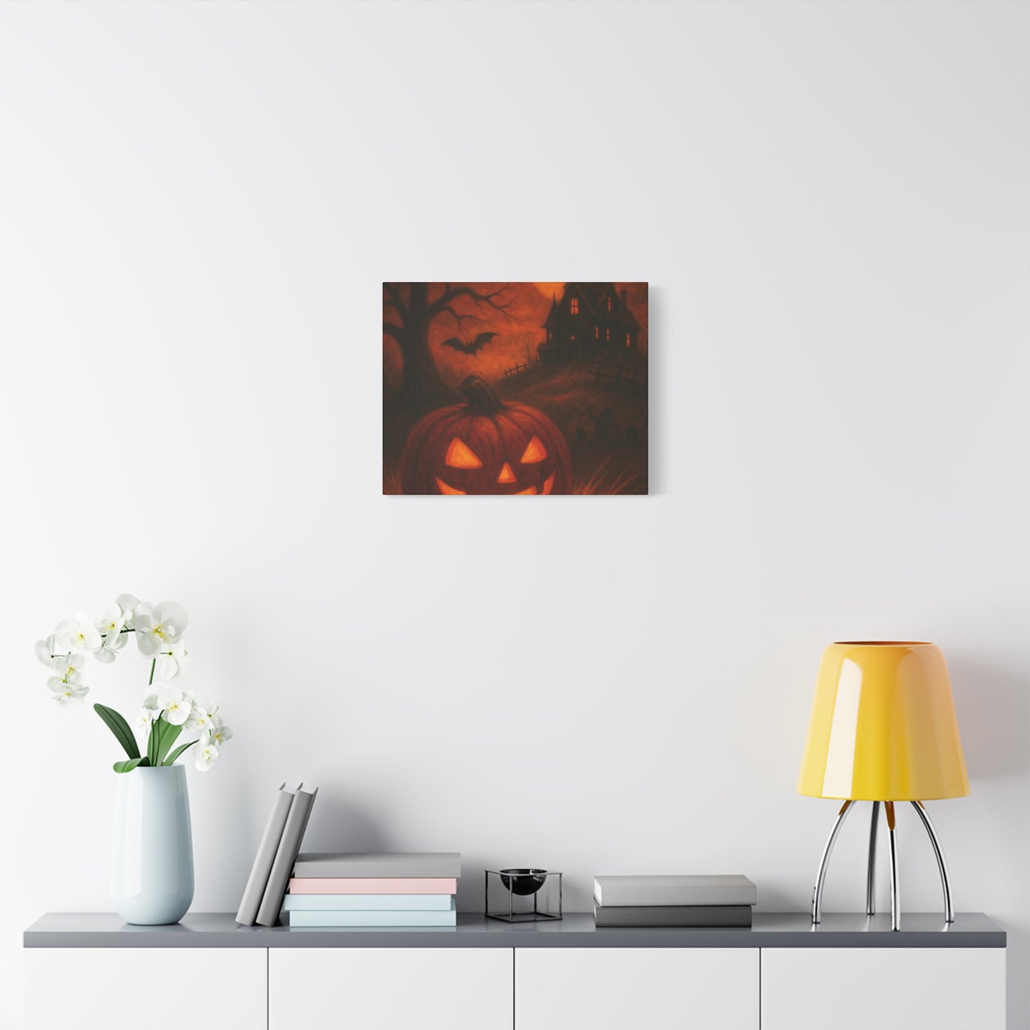 Halloween Themed Canvas Art, Spooky Wall Decor, Pumpkin Artwork, Haunted House Print, Fall Home Decoration