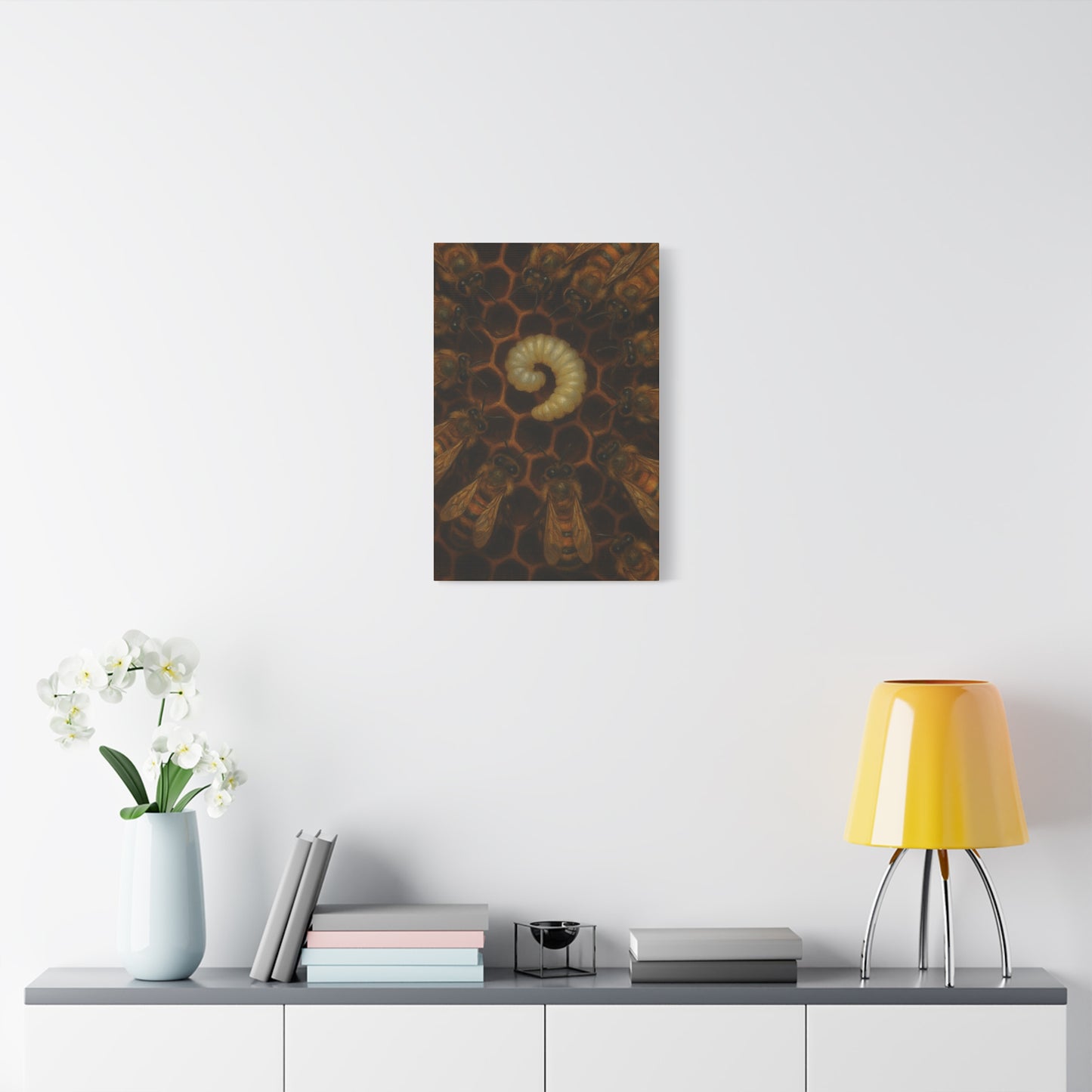 Bee Themed Wall Art Canvas, Honeycomb Decor, Nature Lover Gift, Nursery Decoration, Botanical Wall Art, Insect Art Print